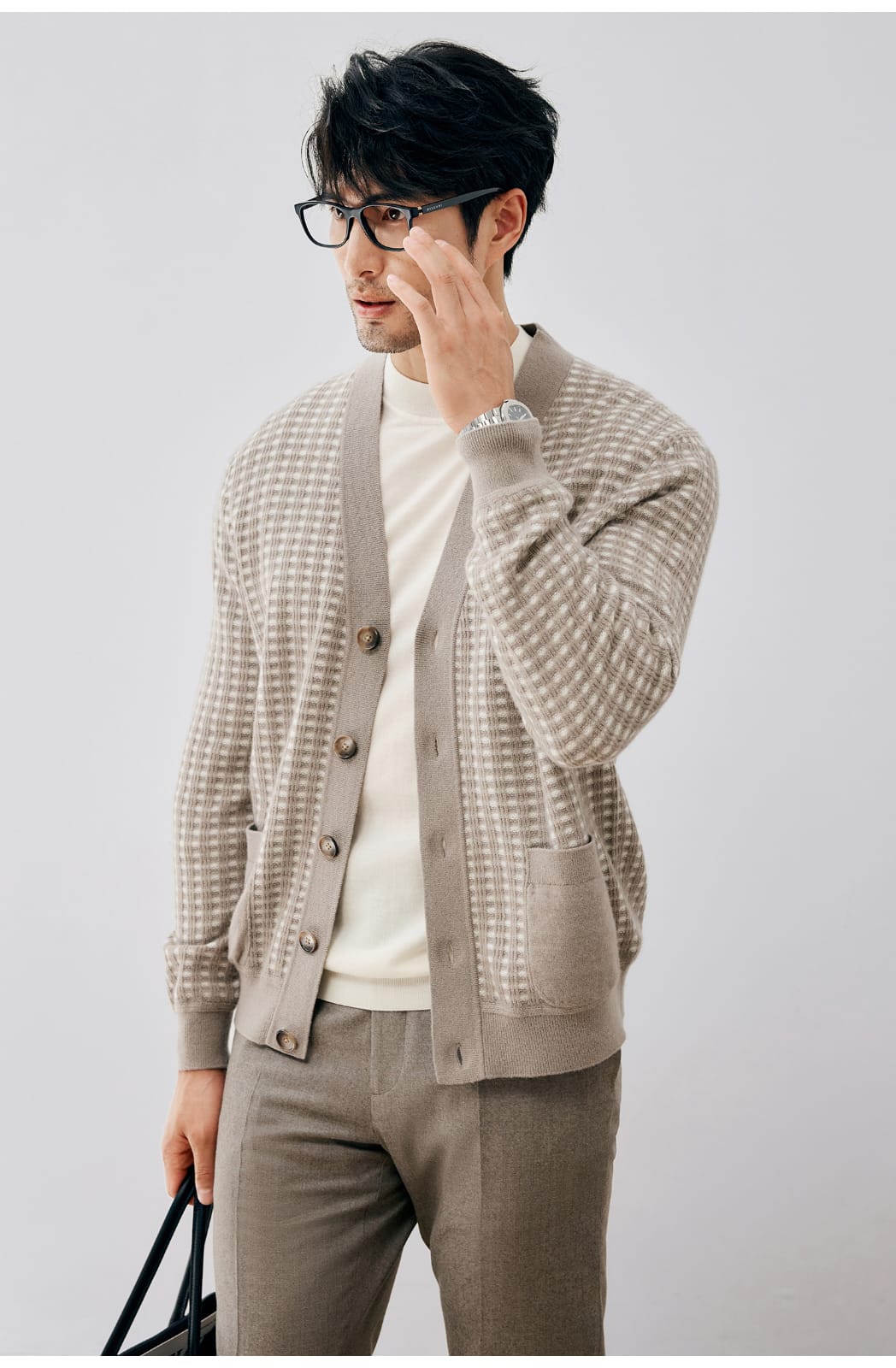 ELEGANT CHECKERED WOOL KNIT LIGHT BROWN CARDIGAN