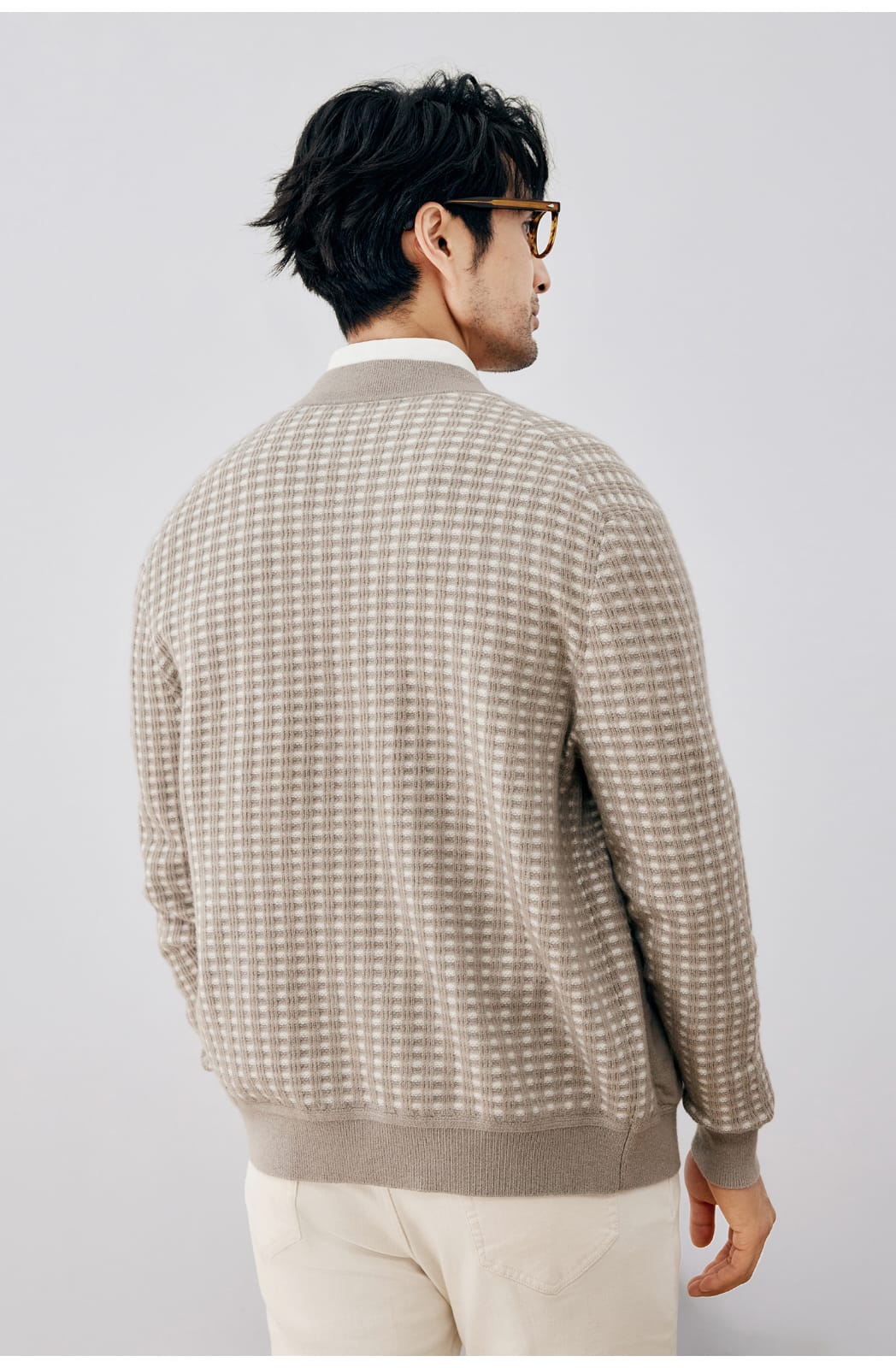 ELEGANT CHECKERED WOOL KNIT LIGHT BROWN CARDIGAN