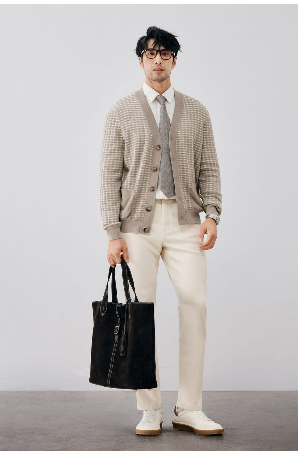 ELEGANT CHECKERED WOOL KNIT LIGHT BROWN CARDIGAN