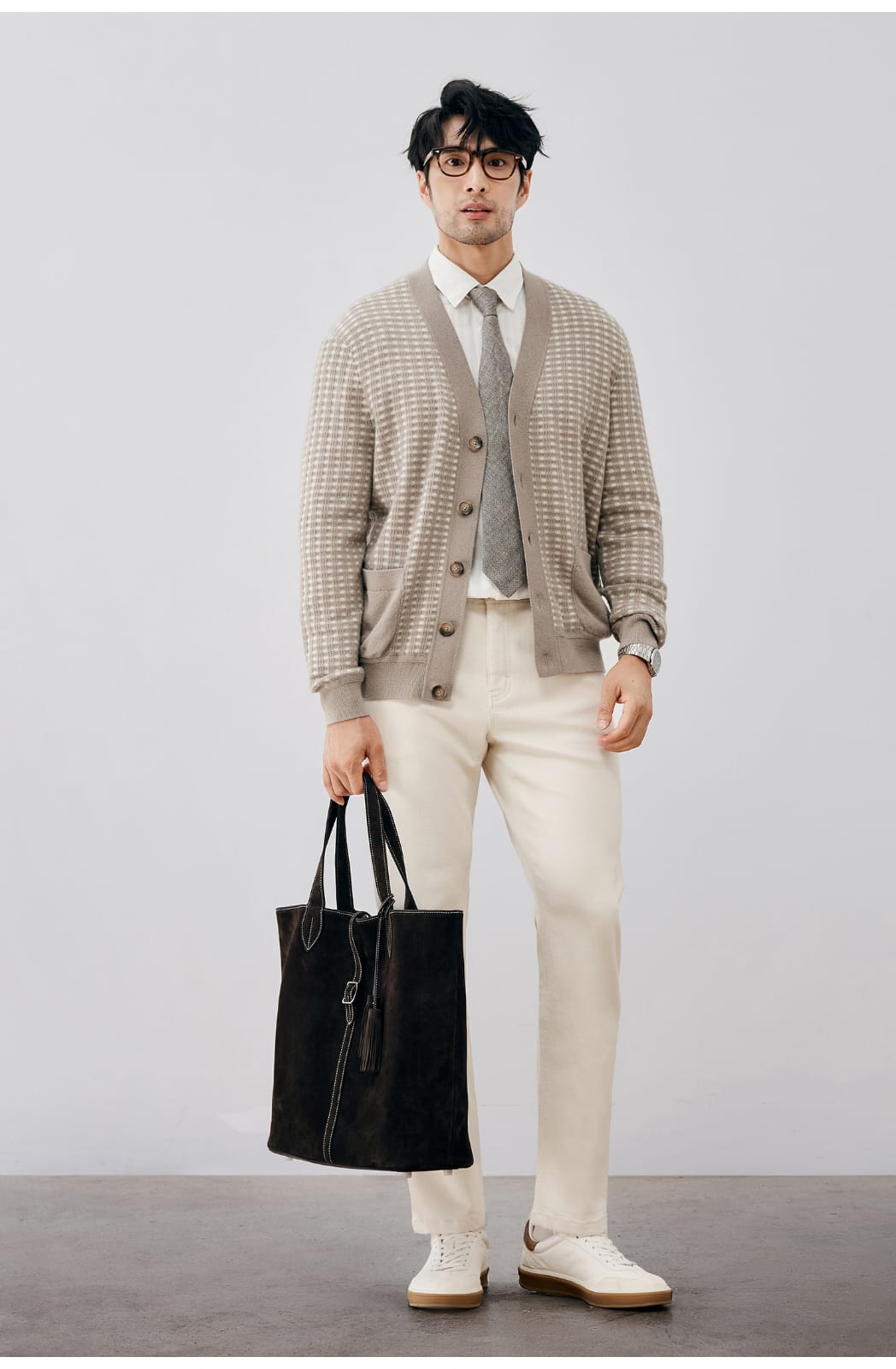 ELEGANT CHECKERED WOOL KNIT LIGHT BROWN CARDIGAN
