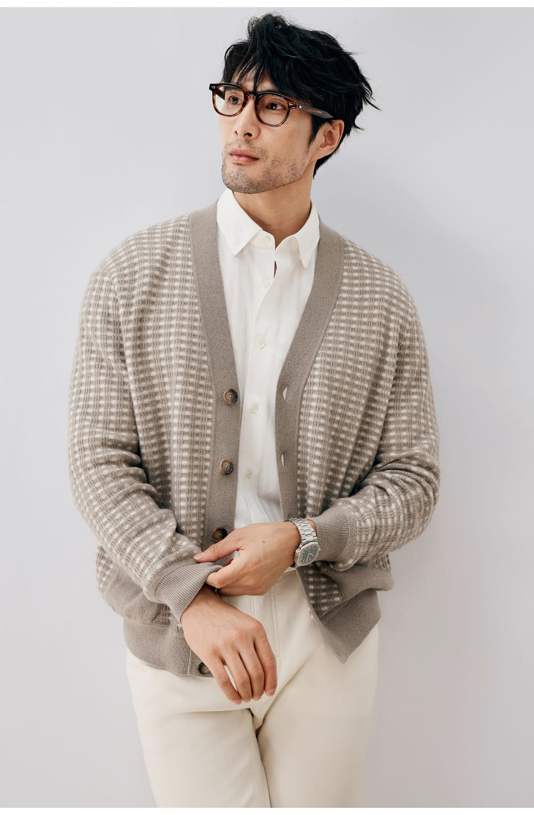 ELEGANT CHECKERED WOOL KNIT LIGHT BROWN CARDIGAN