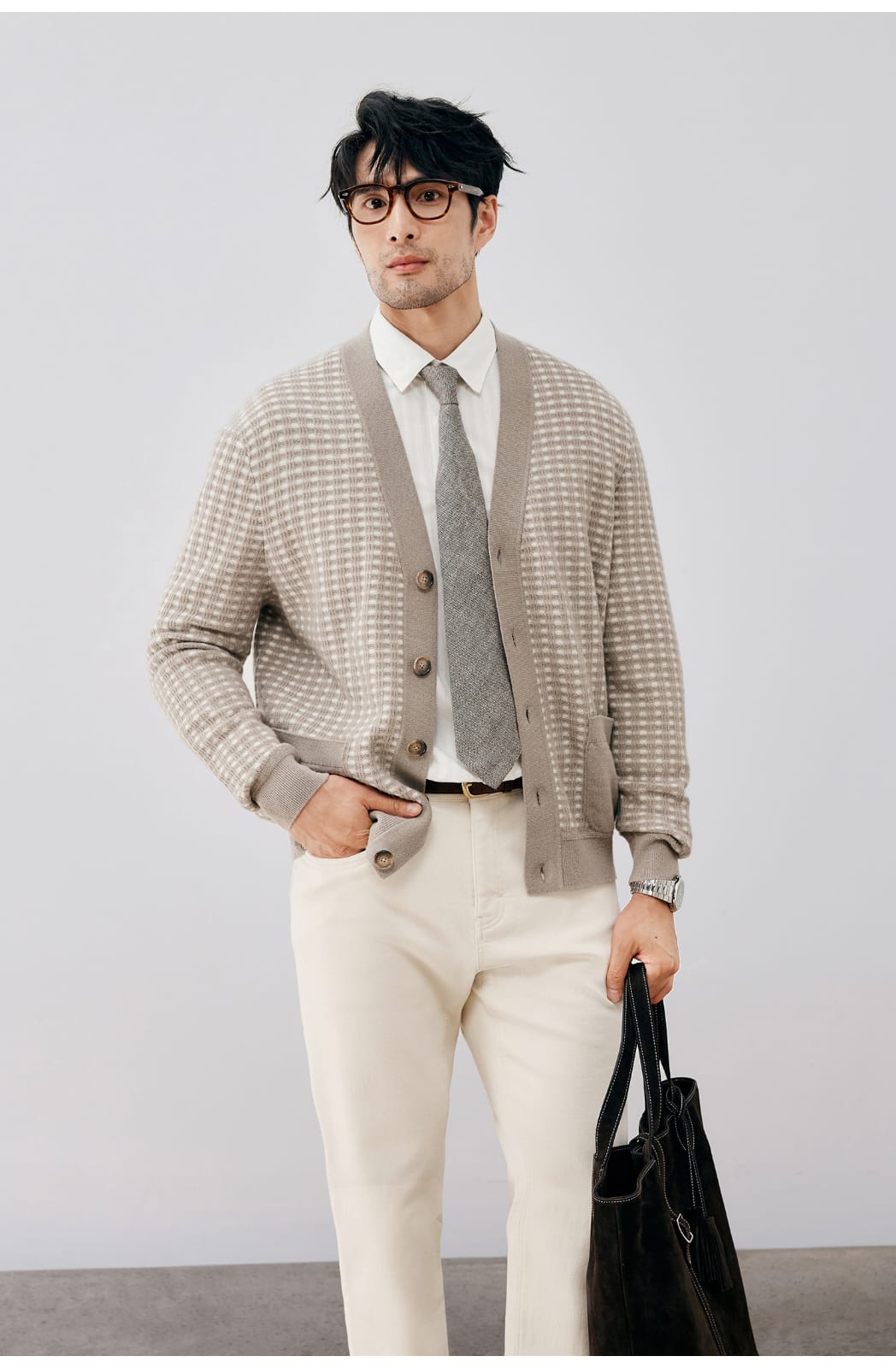 ELEGANT CHECKERED WOOL KNIT LIGHT BROWN CARDIGAN