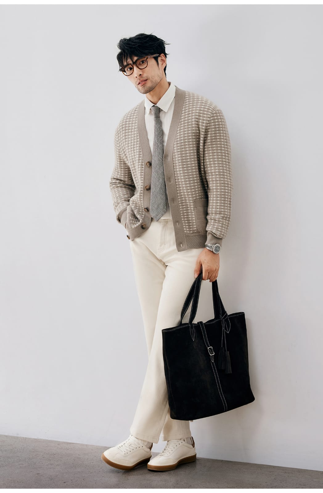 ELEGANT CHECKERED WOOL KNIT LIGHT BROWN CARDIGAN