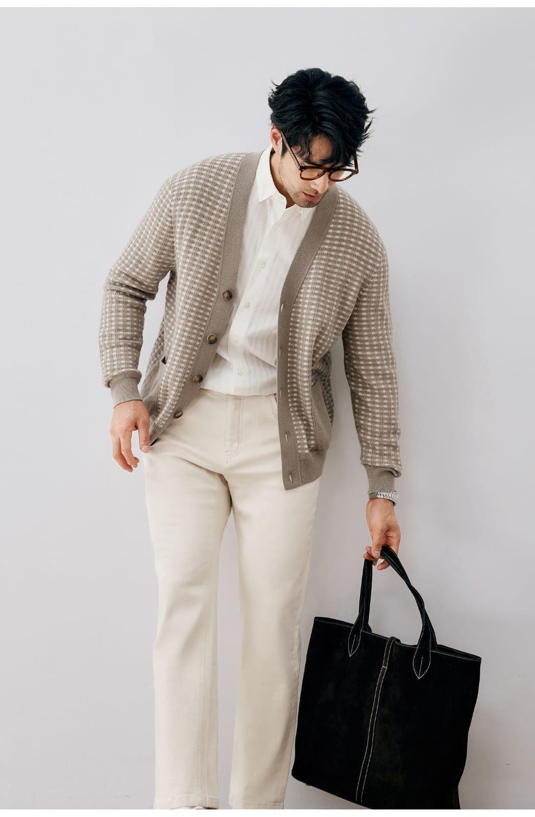 ELEGANT CHECKERED WOOL KNIT LIGHT BROWN CARDIGAN