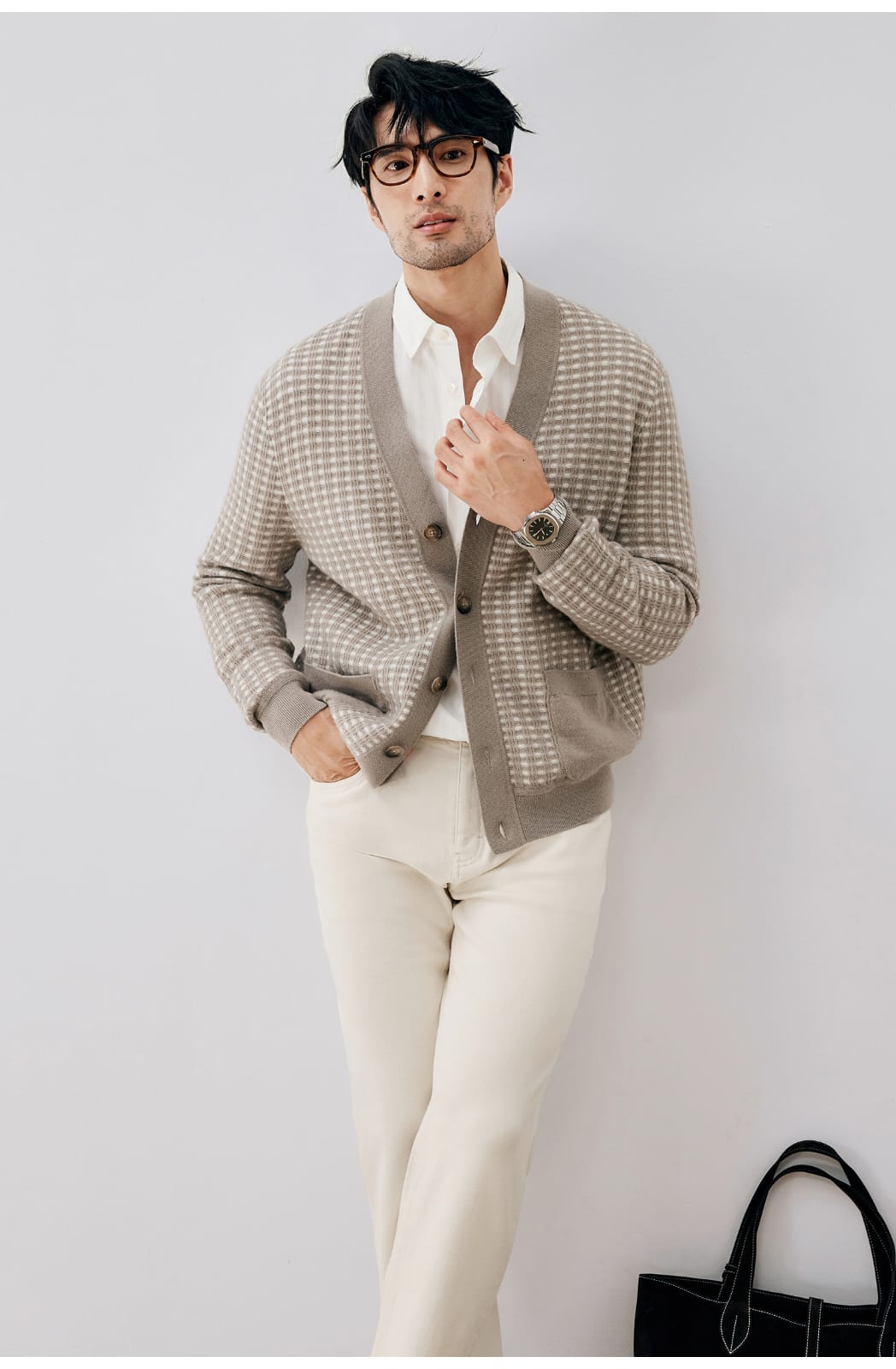 ELEGANT CHECKERED WOOL KNIT LIGHT BROWN CARDIGAN