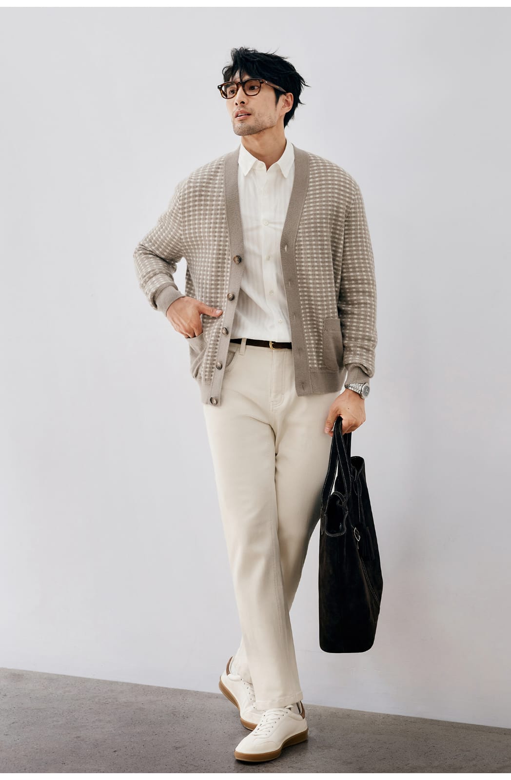 ELEGANT CHECKERED WOOL KNIT LIGHT BROWN CARDIGAN