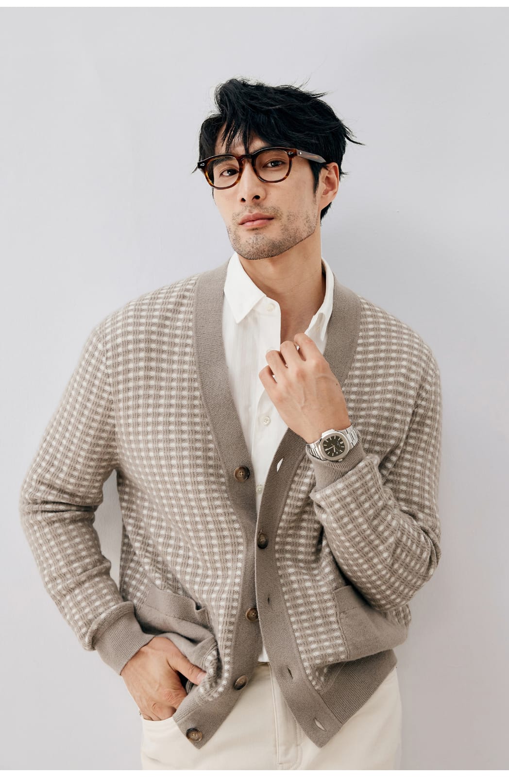 ELEGANT CHECKERED WOOL KNIT LIGHT BROWN CARDIGAN