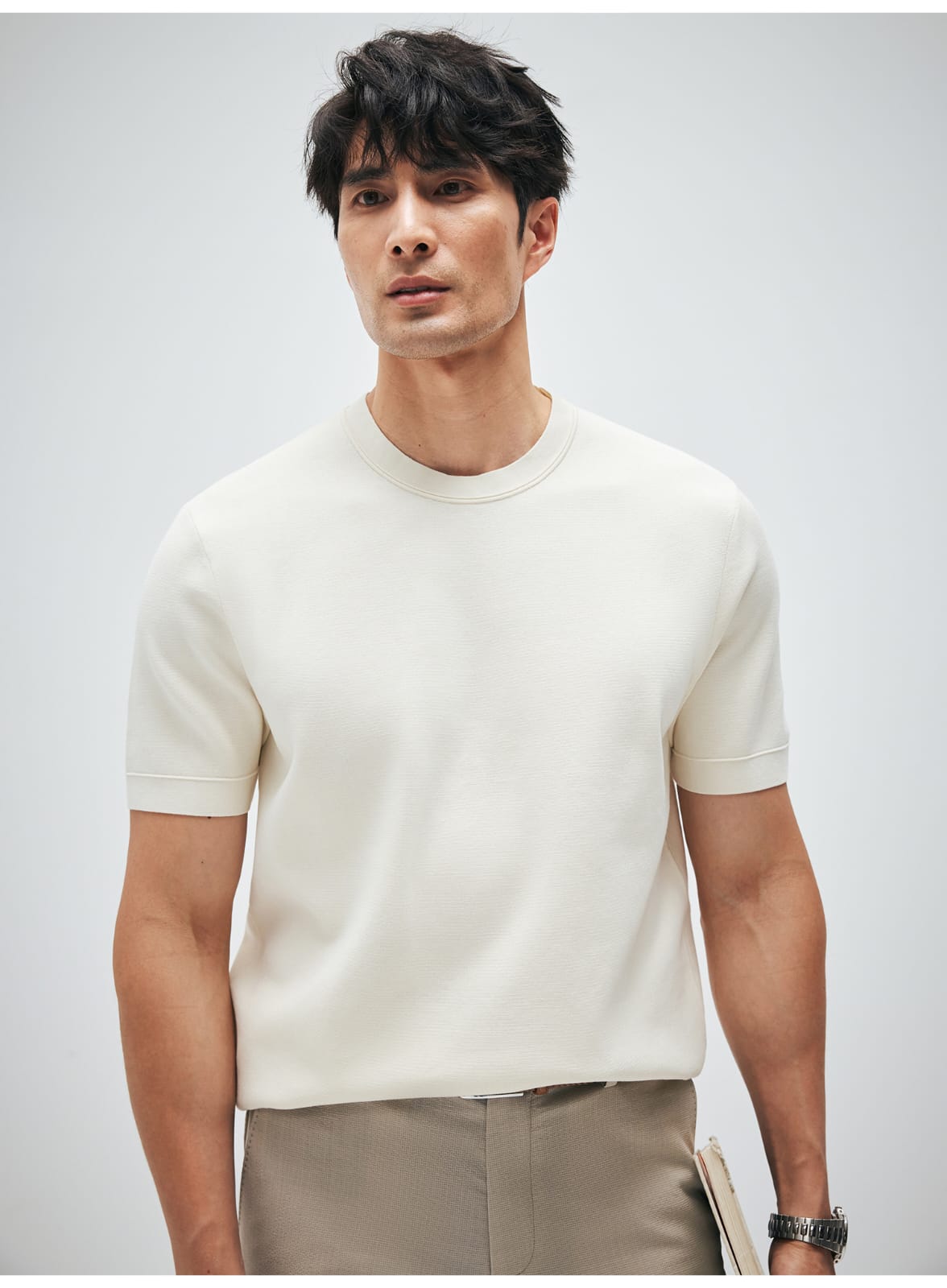 MINIMALIST HIGH-END WOVEN WOOL COTTON BLEND SUMMER T-SHIRT
