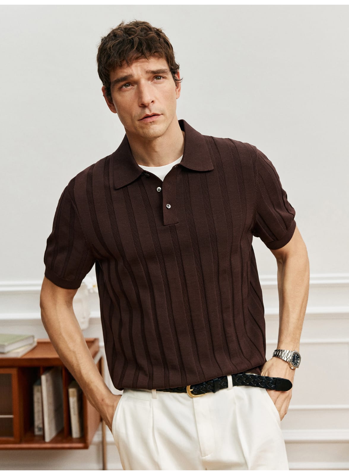 SUPIMA COTTON VERTICAL WEAVE MOCHA POLO SHIRT