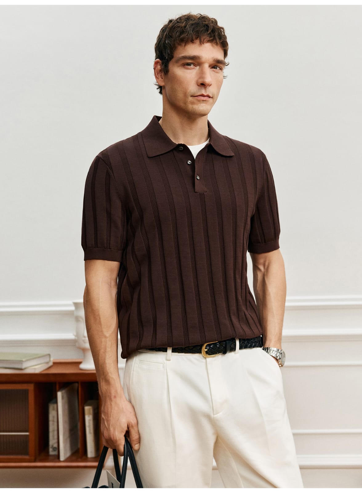 SUPIMA COTTON VERTICAL WEAVE MOCHA POLO SHIRT