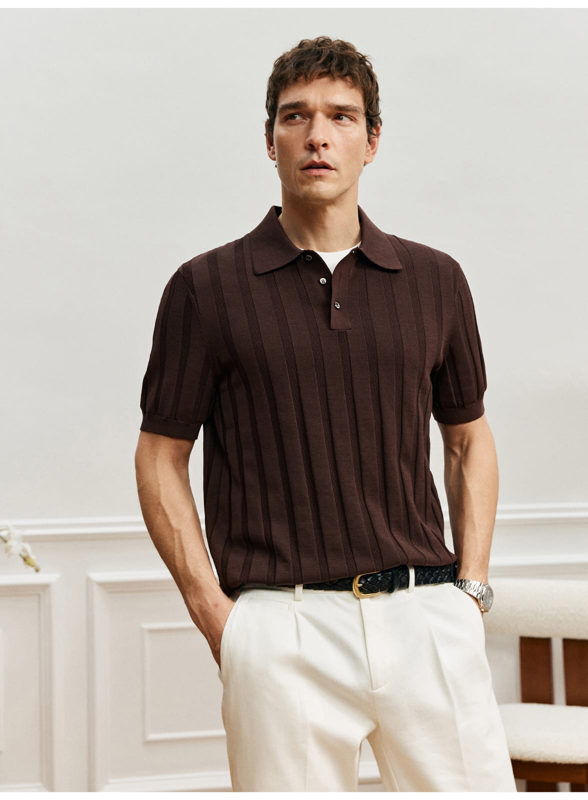 SUPIMA COTTON VERTICAL WEAVE MOCHA POLO SHIRT