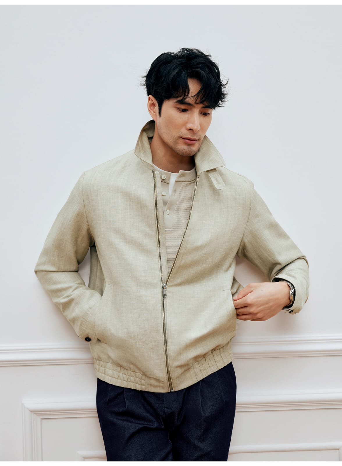 ITALIAN GENTLEMAN LINEN WOOL LAPEL JACKET