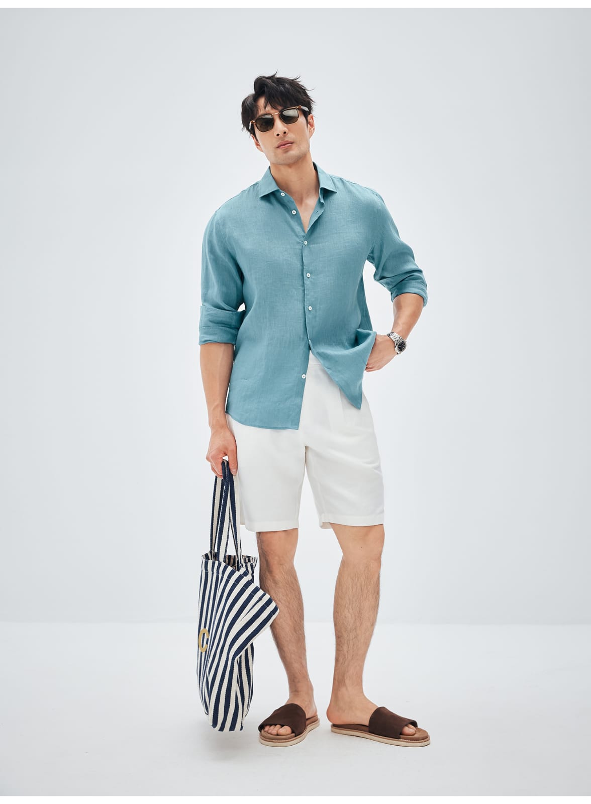 ITALIAN COTTON BLEND DOUBLE PLEATED RELAXED SUMMER SHORTS