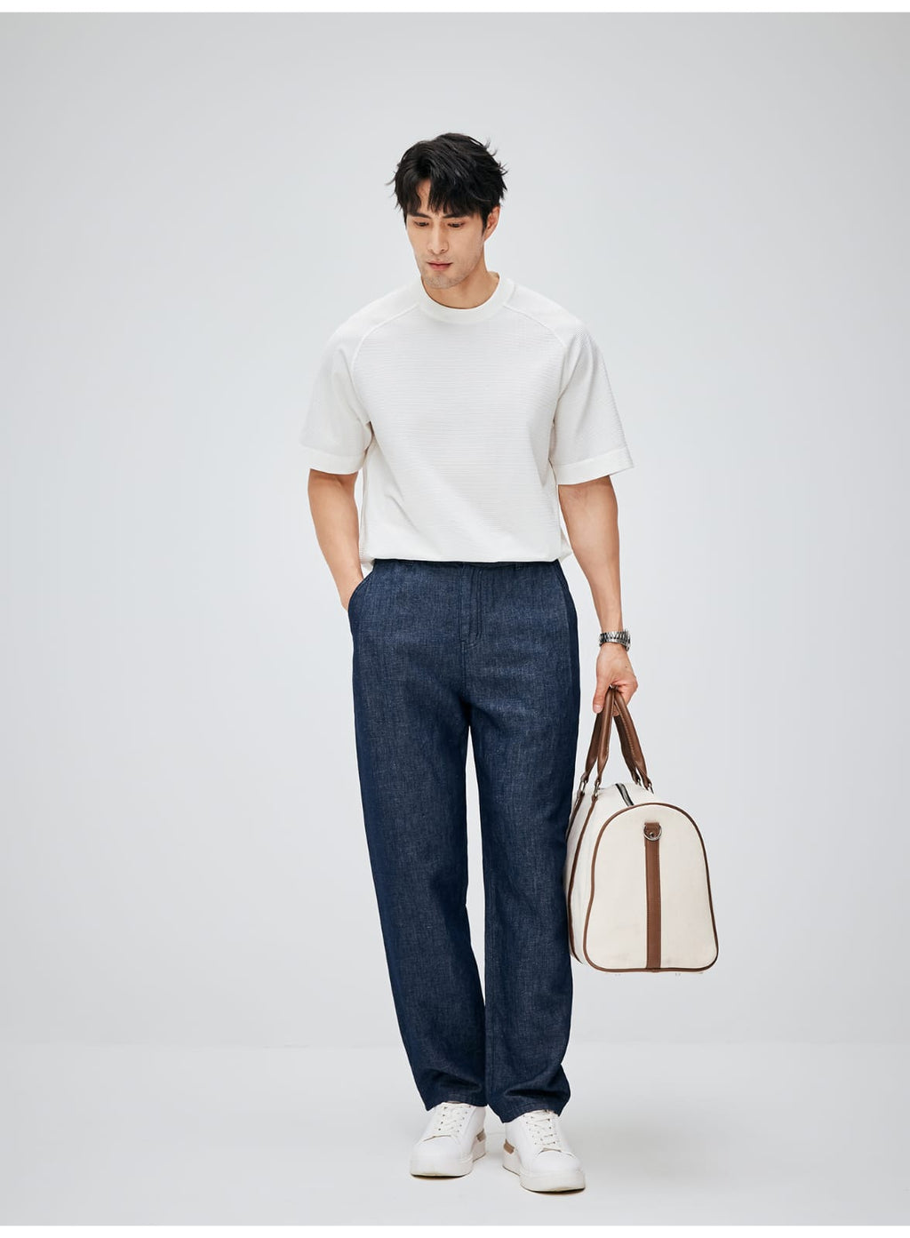 SOUTH FRANCE DENIM NIGHT COTTON BLEND PLEATED CALF NAVY BLUE PANTS