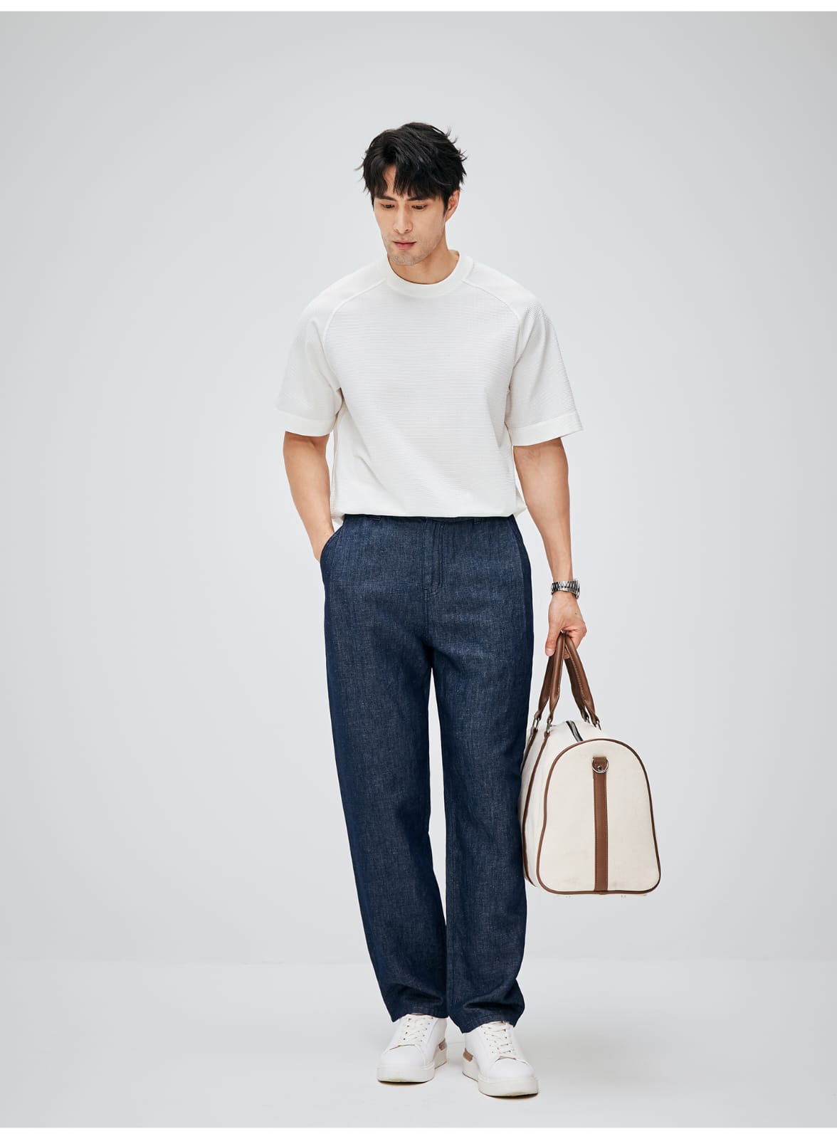 SOUTH FRANCE DENIM NIGHT COTTON BLEND PLEATED CALF NAVY BLUE PANTS