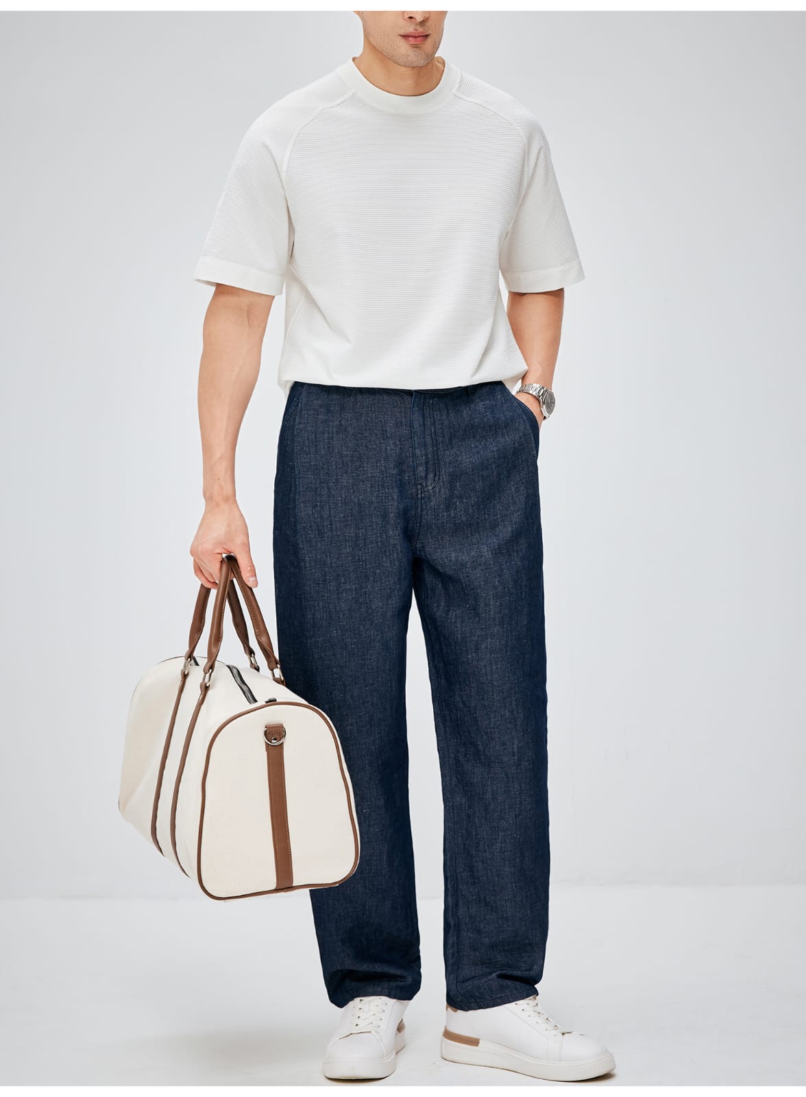 SOUTH FRANCE DENIM NIGHT COTTON BLEND PLEATED CALF NAVY BLUE PANTS