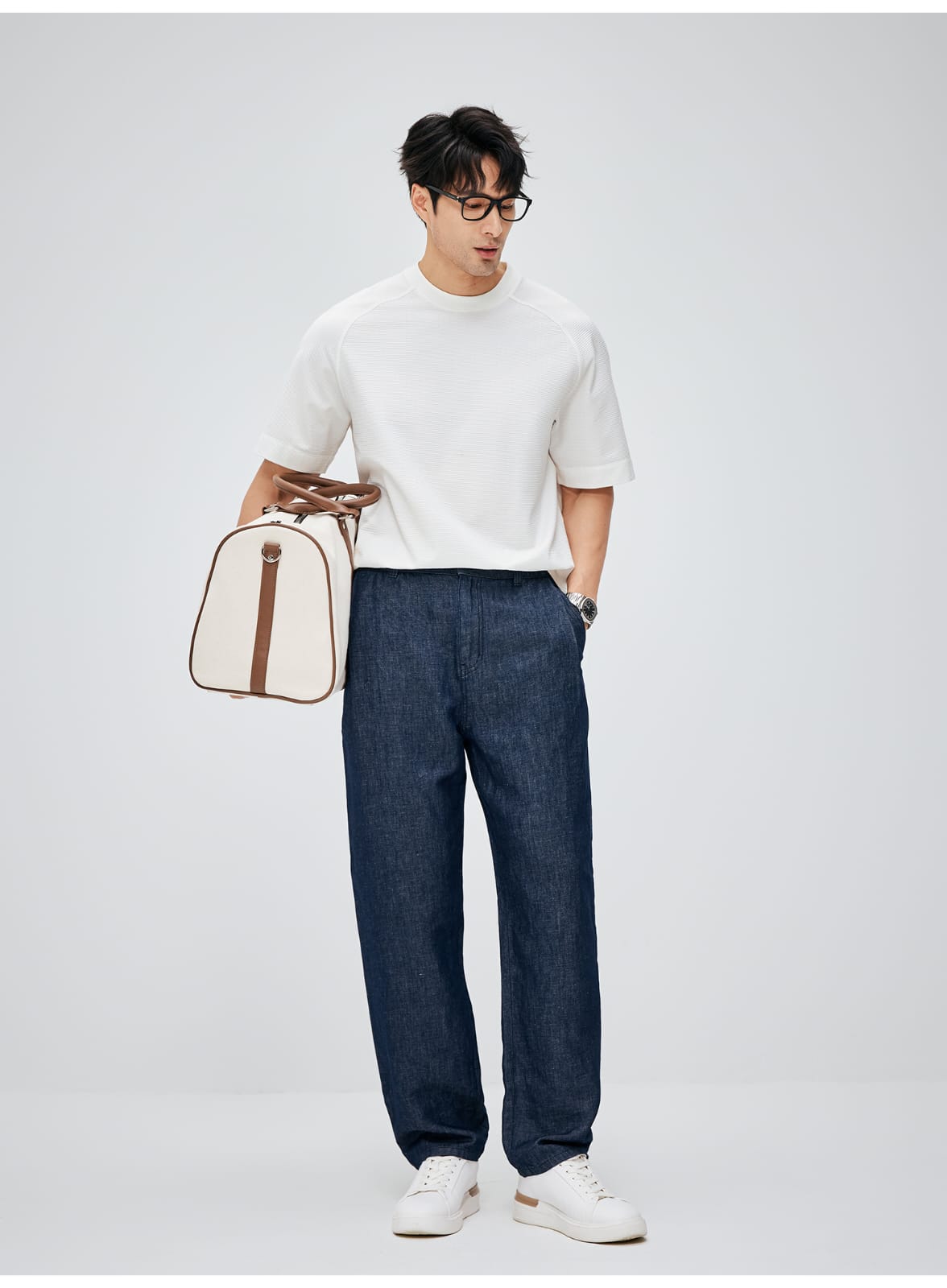 SOUTH FRANCE DENIM NIGHT COTTON BLEND PLEATED CALF NAVY BLUE PANTS