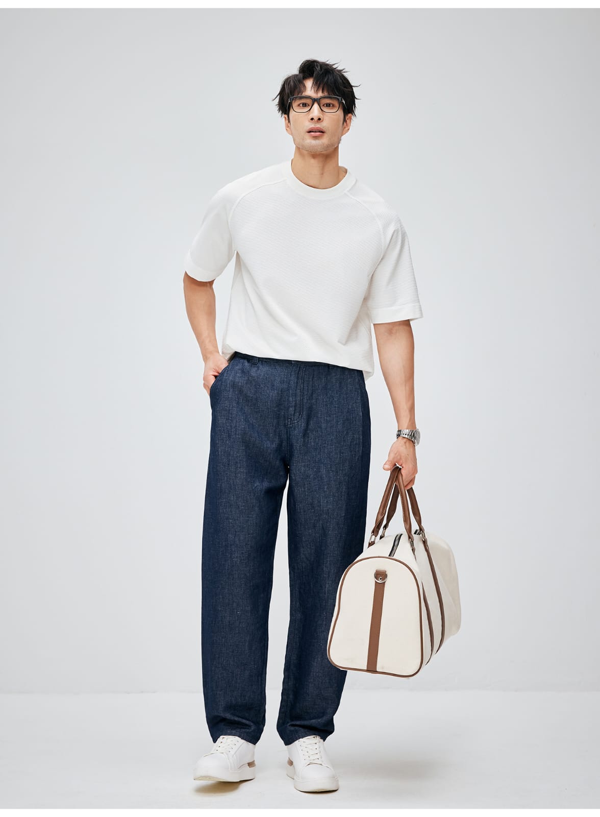 SOUTH FRANCE DENIM NIGHT COTTON BLEND PLEATED CALF NAVY BLUE PANTS