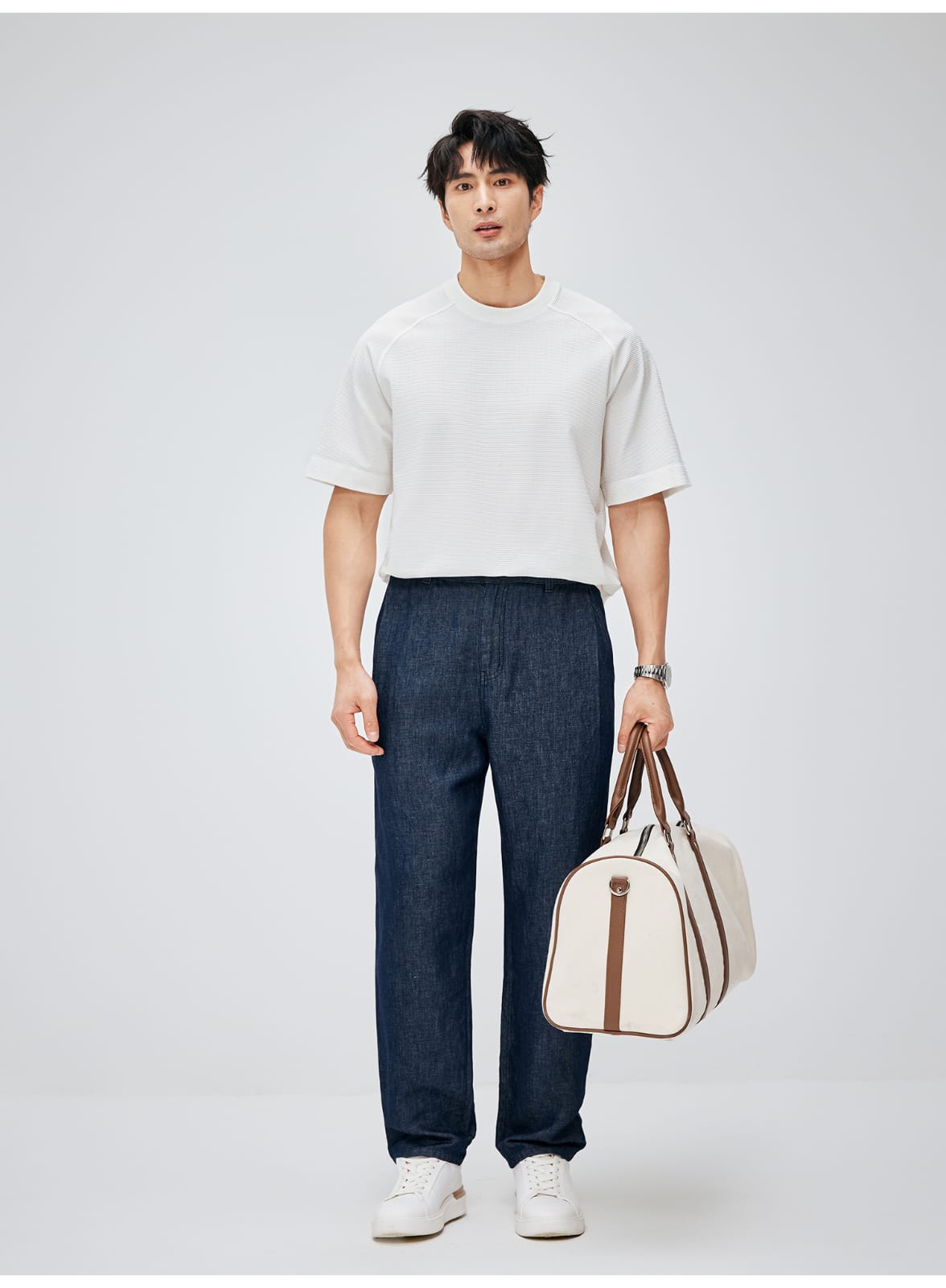 SOUTH FRANCE DENIM NIGHT COTTON BLEND PLEATED CALF NAVY BLUE PANTS
