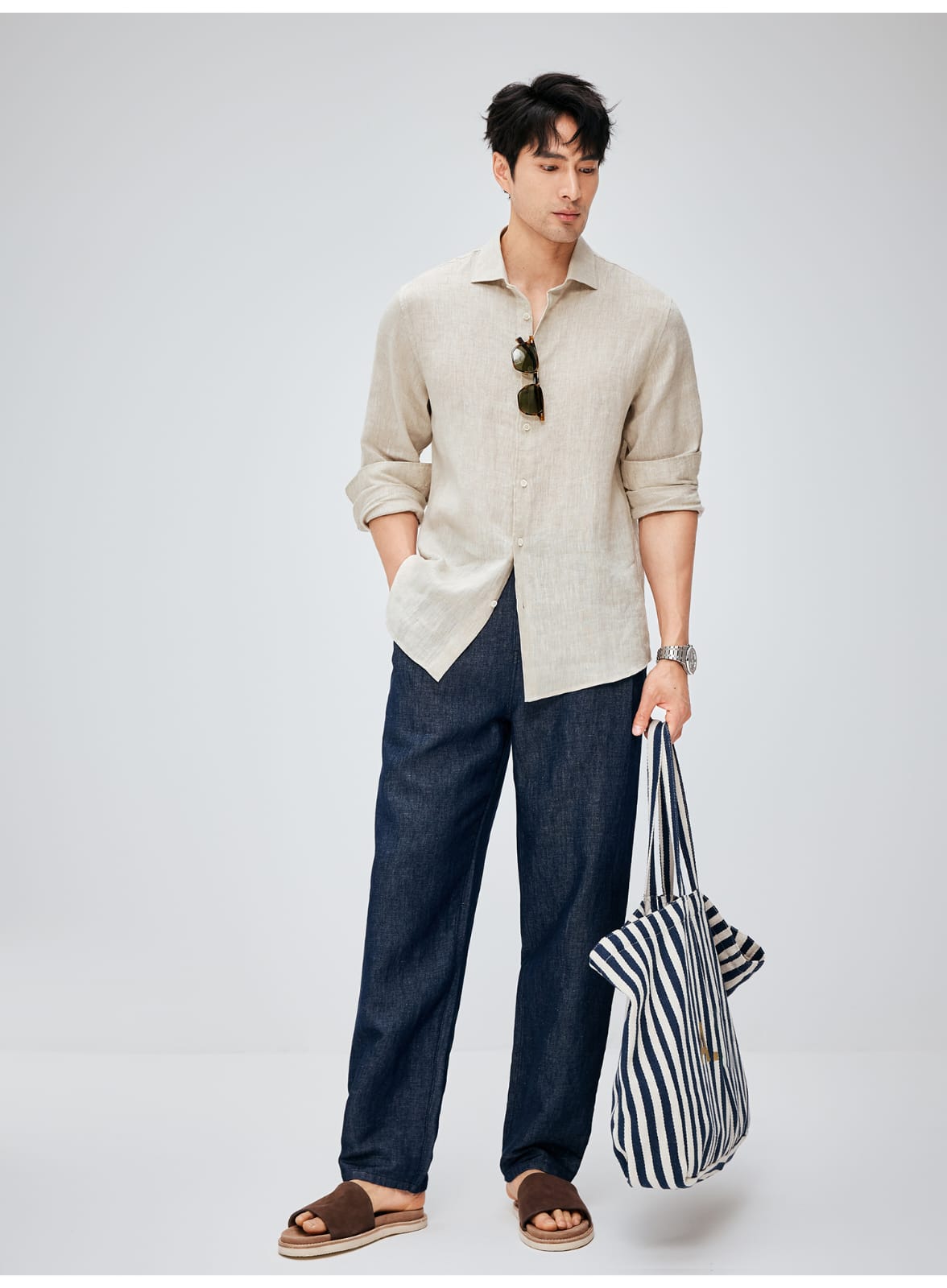 SOUTH FRANCE DENIM NIGHT COTTON BLEND PLEATED CALF NAVY BLUE PANTS