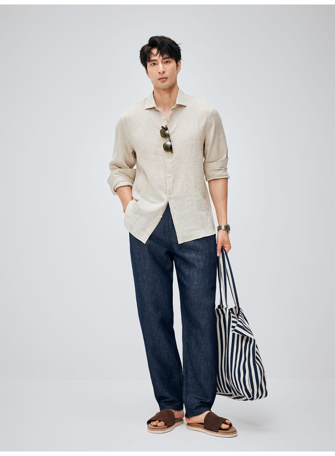 SOUTH FRANCE DENIM NIGHT COTTON BLEND PLEATED CALF NAVY BLUE PANTS