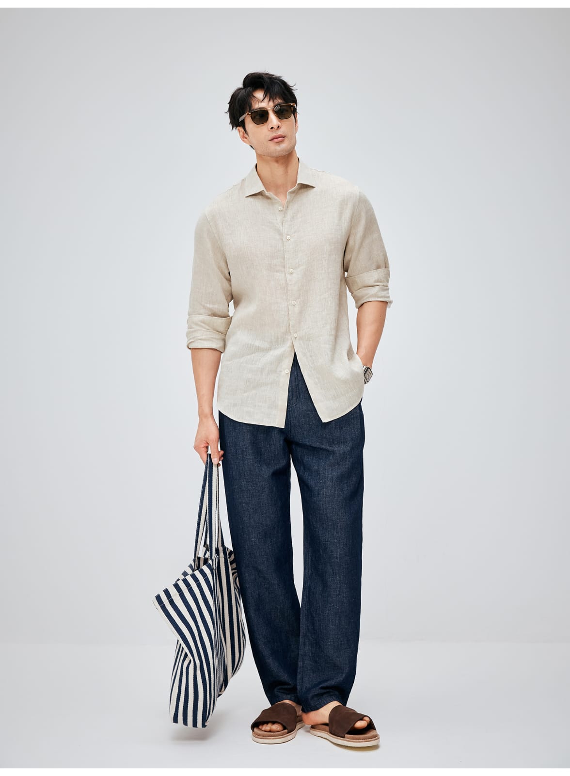 SOUTH FRANCE DENIM NIGHT COTTON BLEND PLEATED CALF NAVY BLUE PANTS