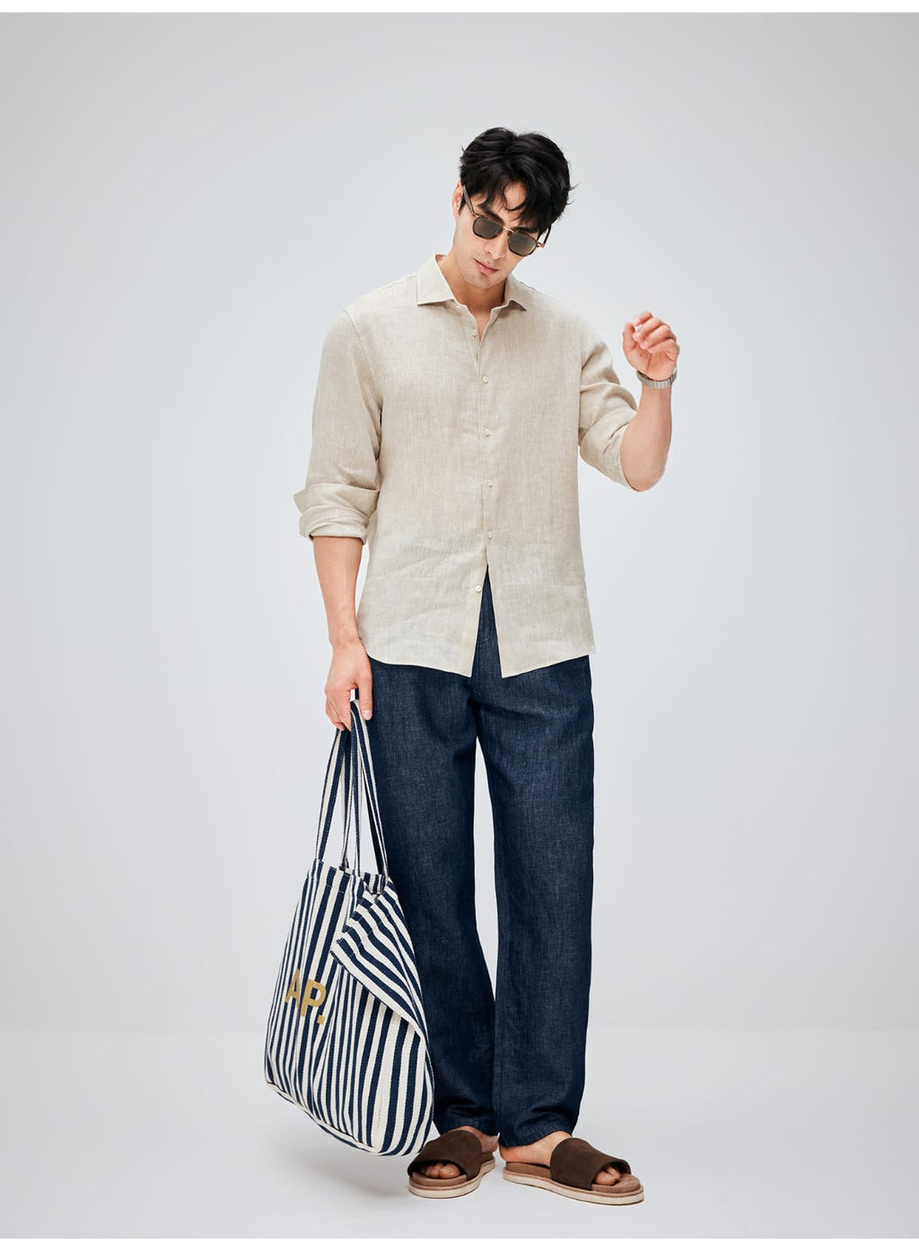 SOUTH FRANCE DENIM NIGHT COTTON BLEND PLEATED CALF NAVY BLUE PANTS