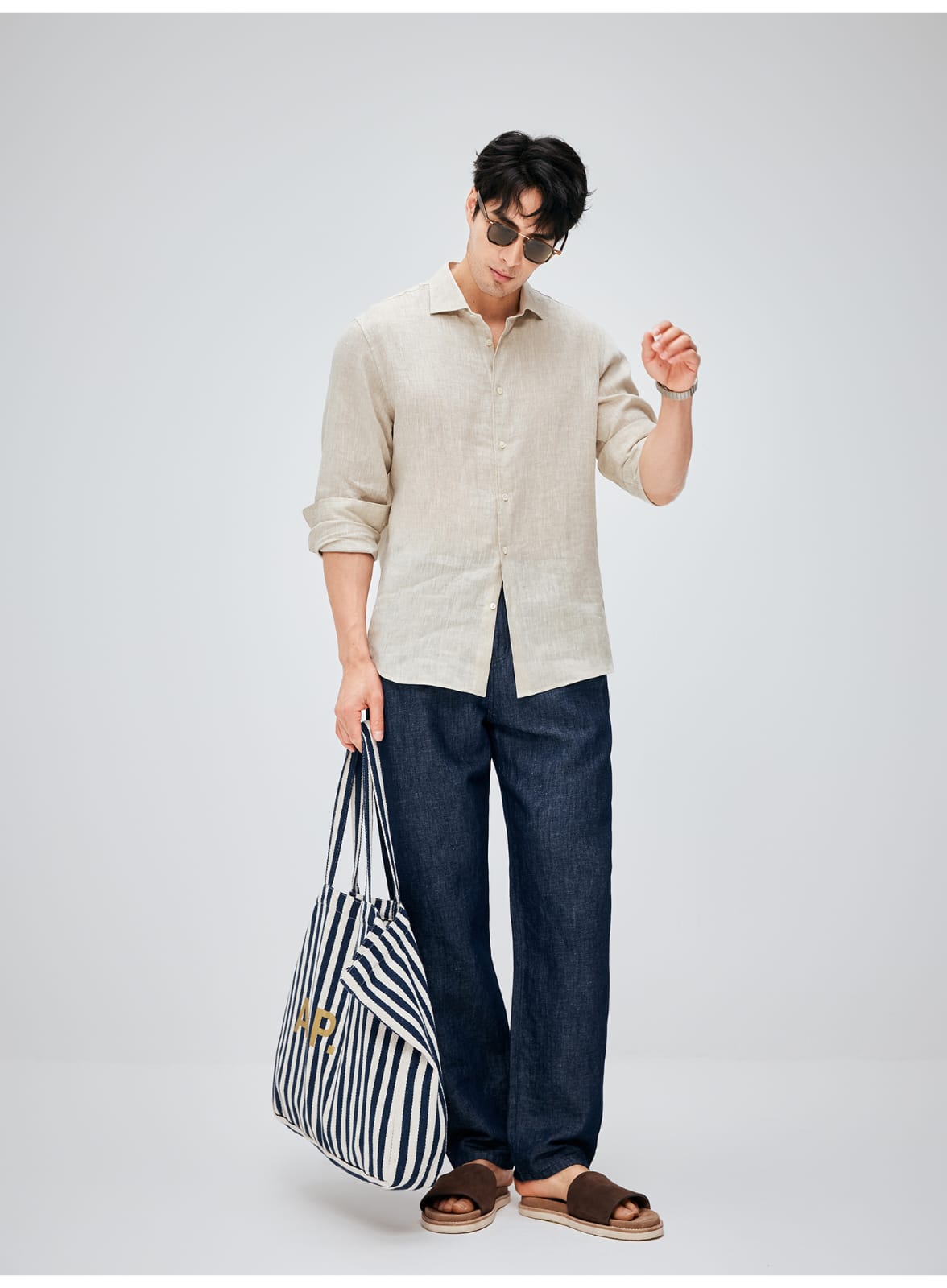 SOUTH FRANCE DENIM NIGHT COTTON BLEND PLEATED CALF NAVY BLUE PANTS