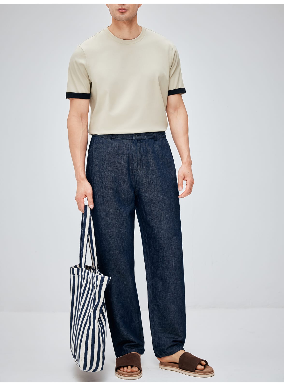 SOUTH FRANCE DENIM NIGHT COTTON BLEND PLEATED CALF NAVY BLUE PANTS