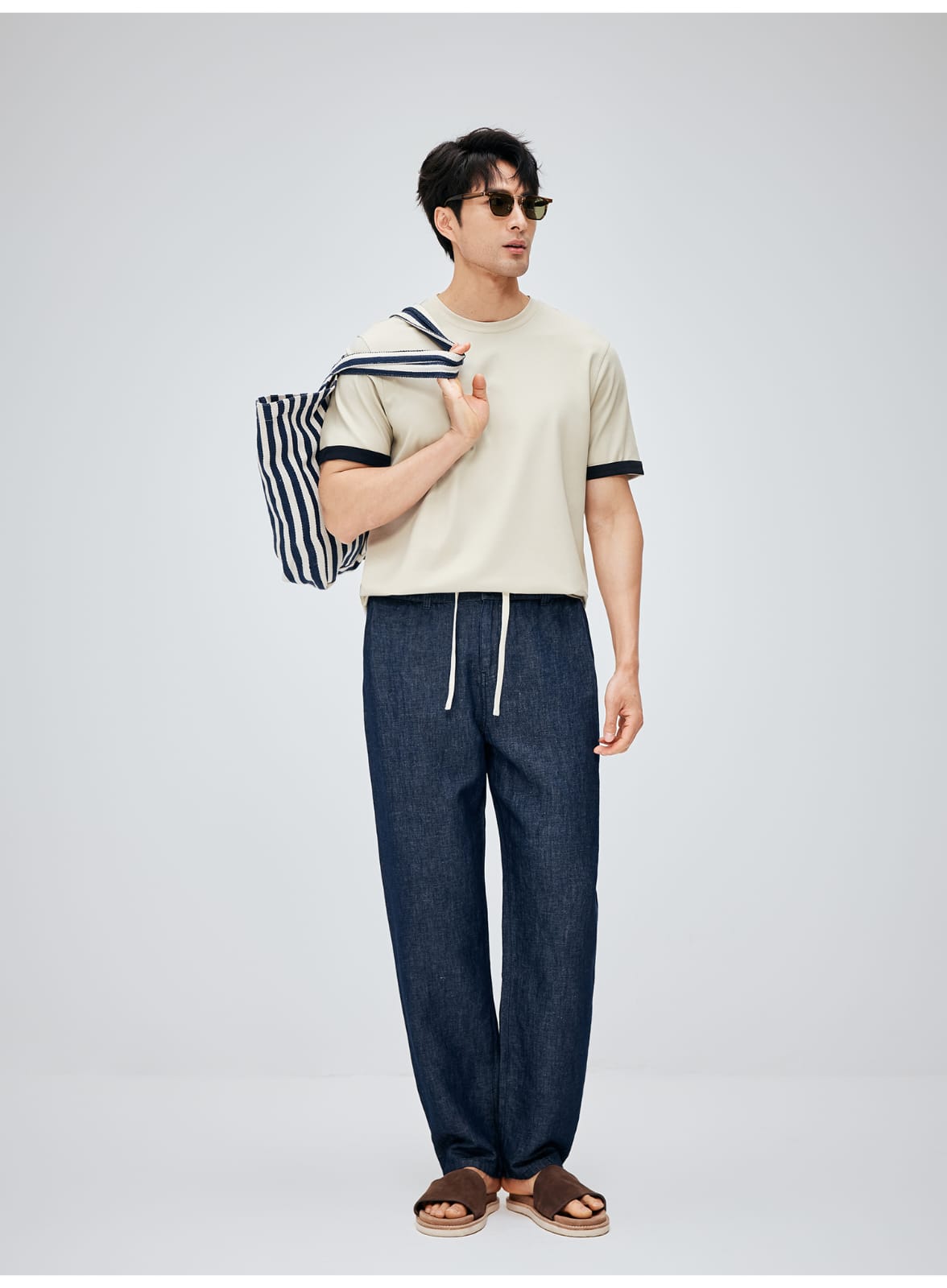 SOUTH FRANCE DENIM NIGHT COTTON BLEND PLEATED CALF NAVY BLUE PANTS