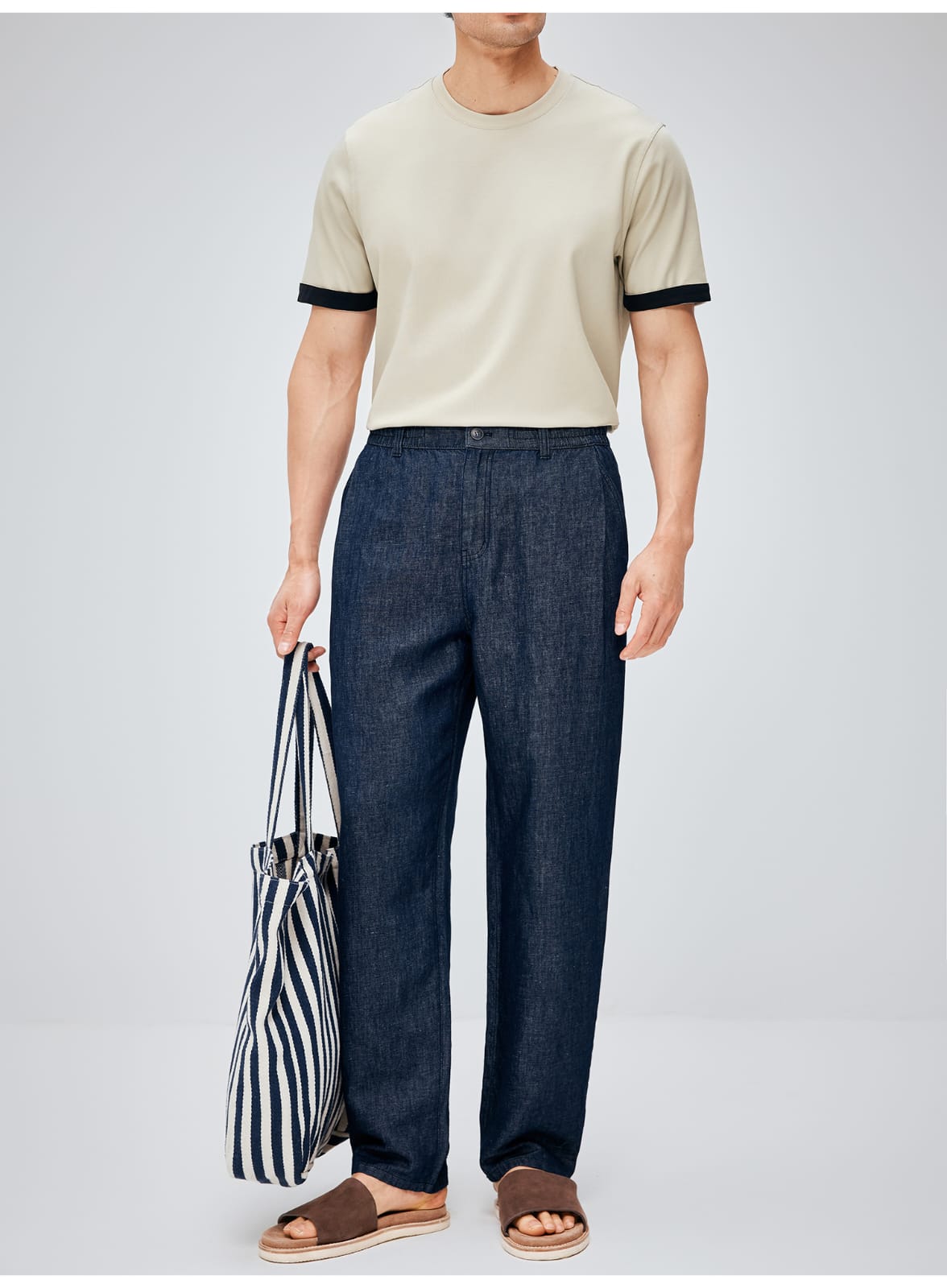 SOUTH FRANCE DENIM NIGHT COTTON BLEND PLEATED CALF NAVY BLUE PANTS
