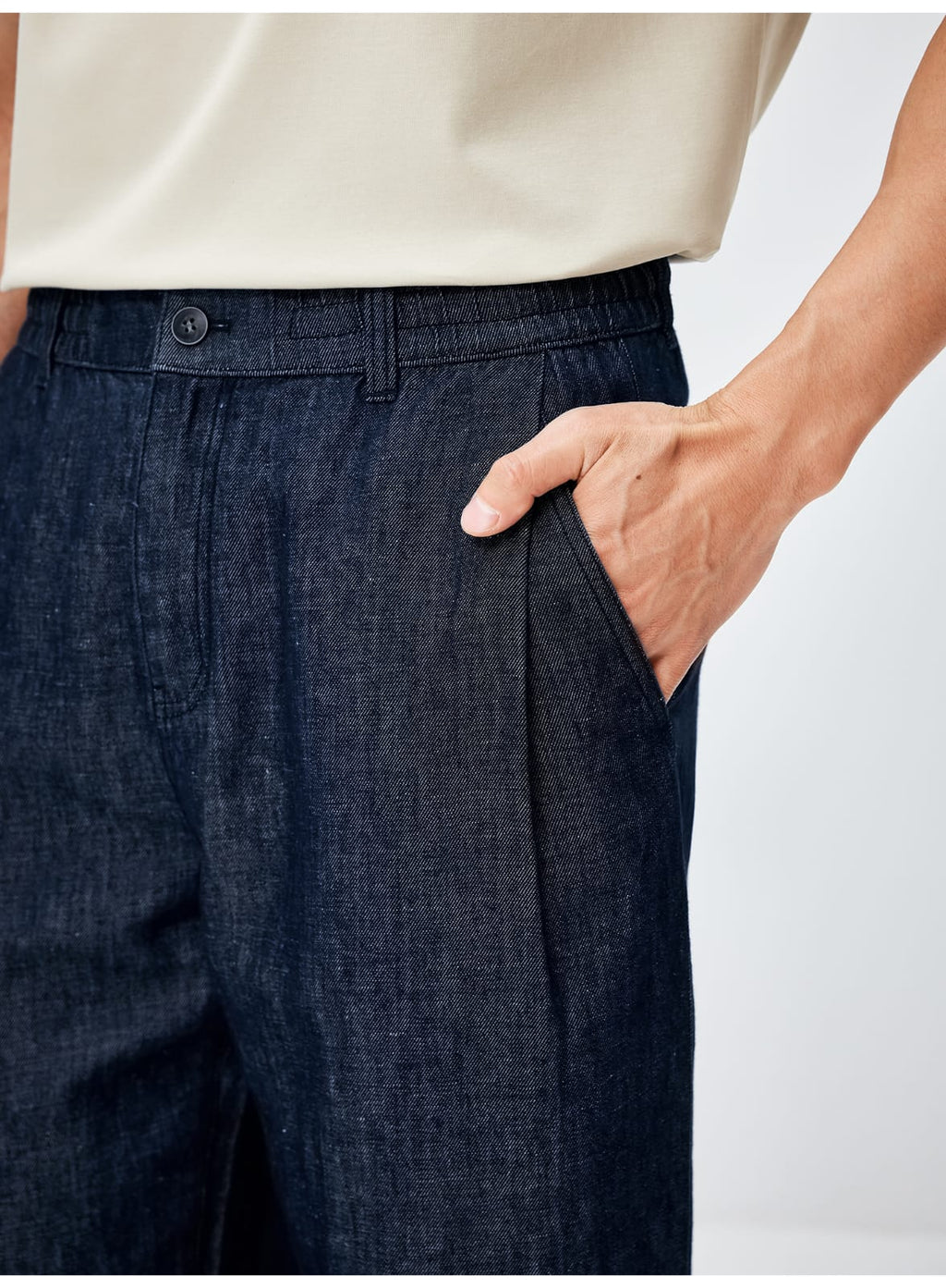 SOUTH FRANCE DENIM NIGHT COTTON BLEND PLEATED CALF NAVY BLUE PANTS