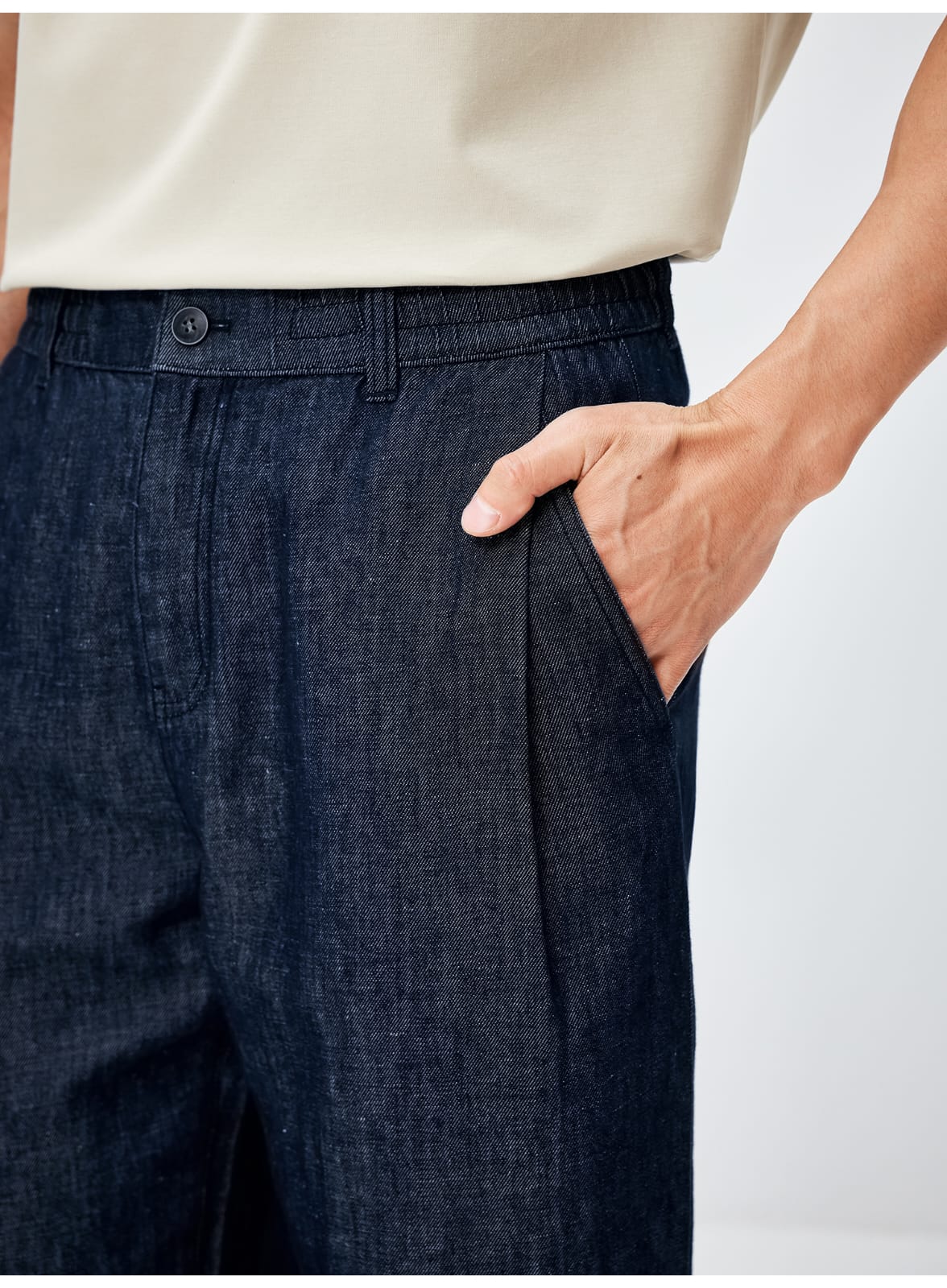 SOUTH FRANCE DENIM NIGHT COTTON BLEND PLEATED CALF NAVY BLUE PANTS