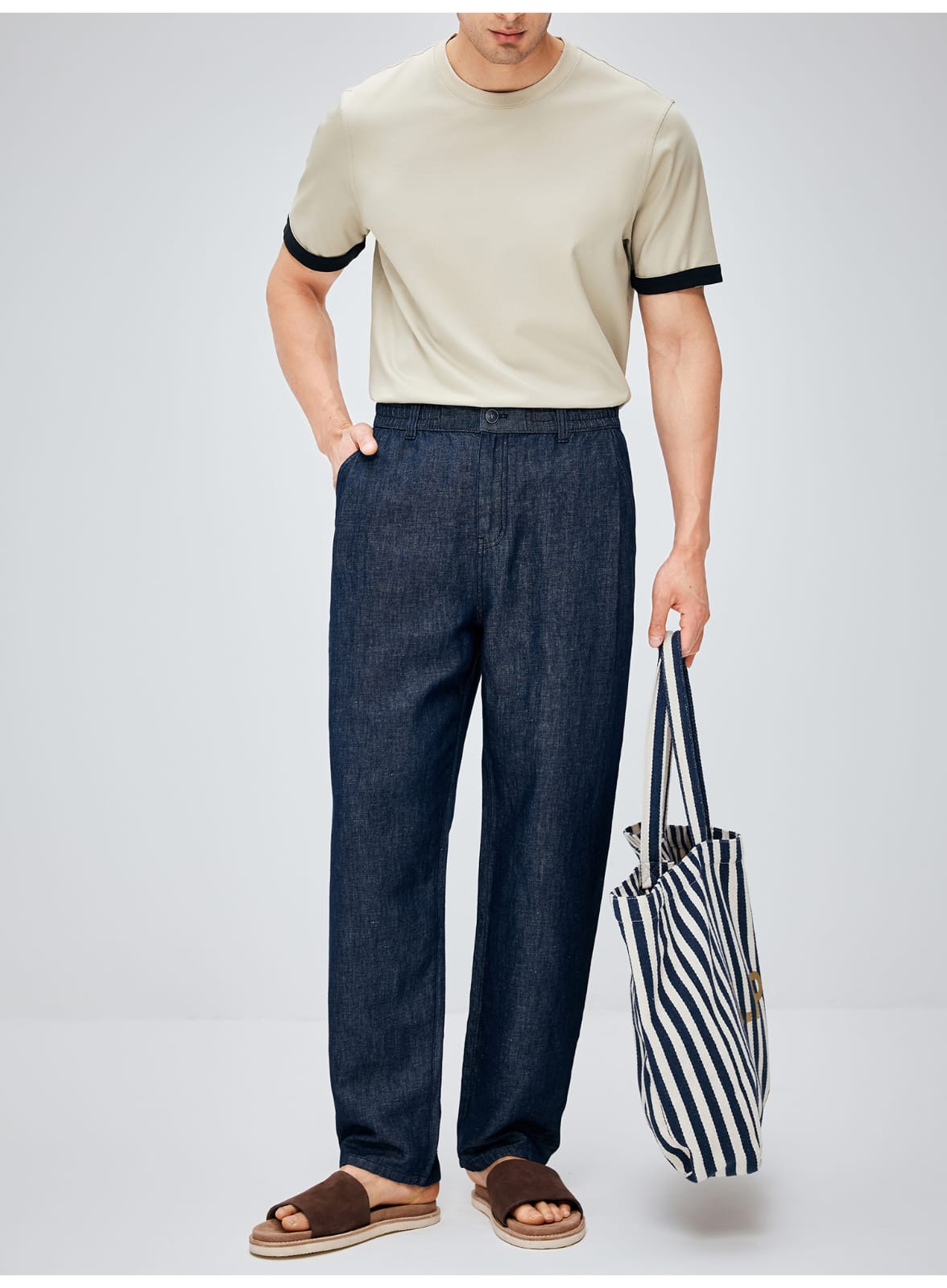 SOUTH FRANCE DENIM NIGHT COTTON BLEND PLEATED CALF NAVY BLUE PANTS