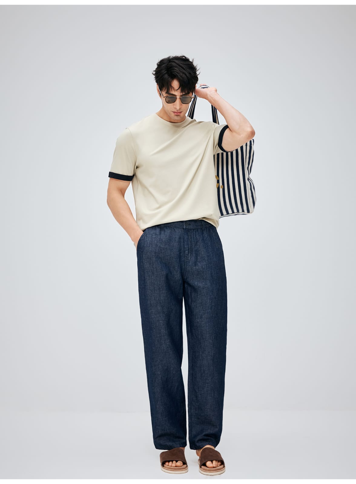 SOUTH FRANCE DENIM NIGHT COTTON BLEND PLEATED CALF NAVY BLUE PANTS