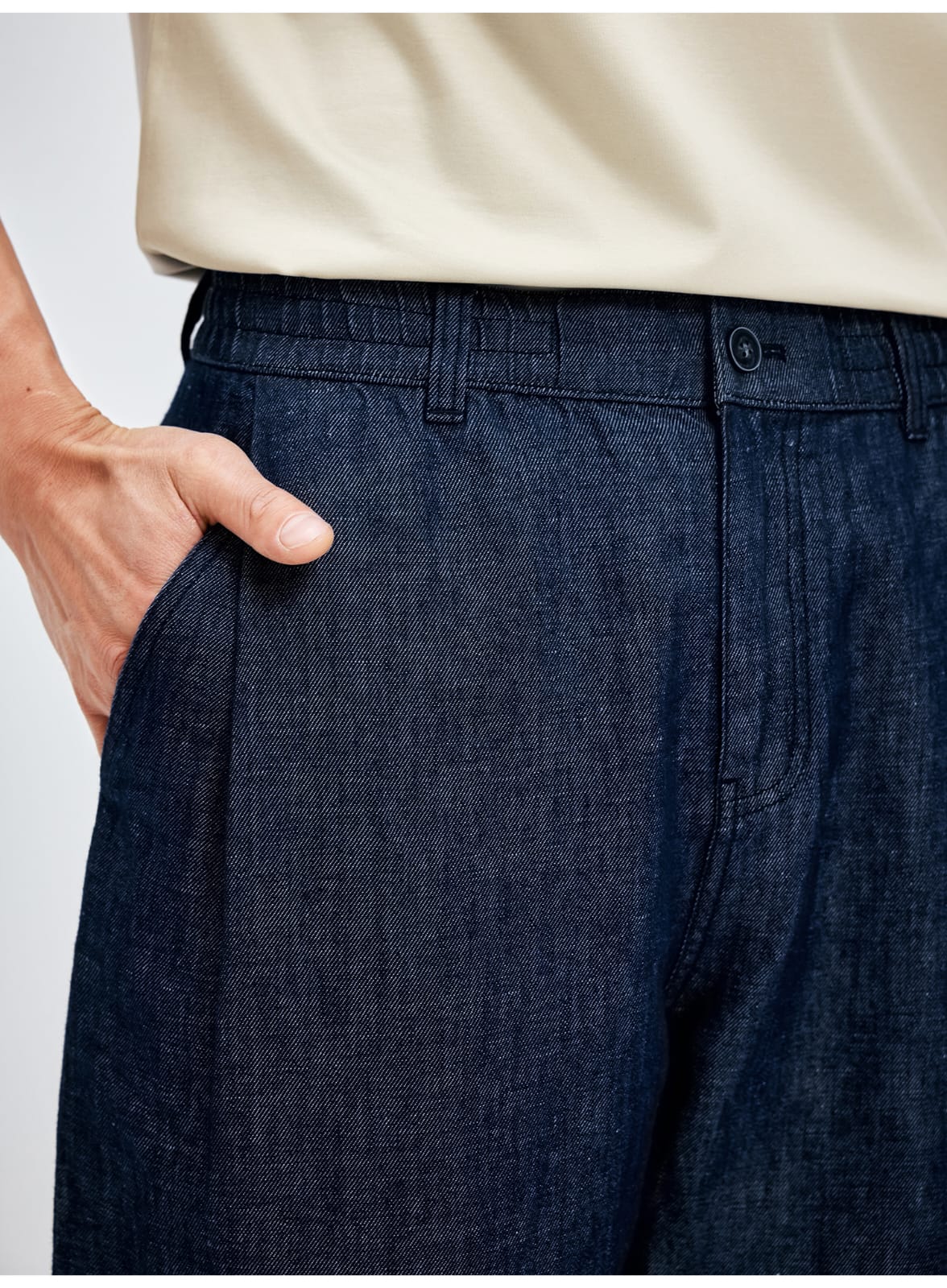 SOUTH FRANCE DENIM NIGHT COTTON BLEND PLEATED CALF NAVY BLUE PANTS