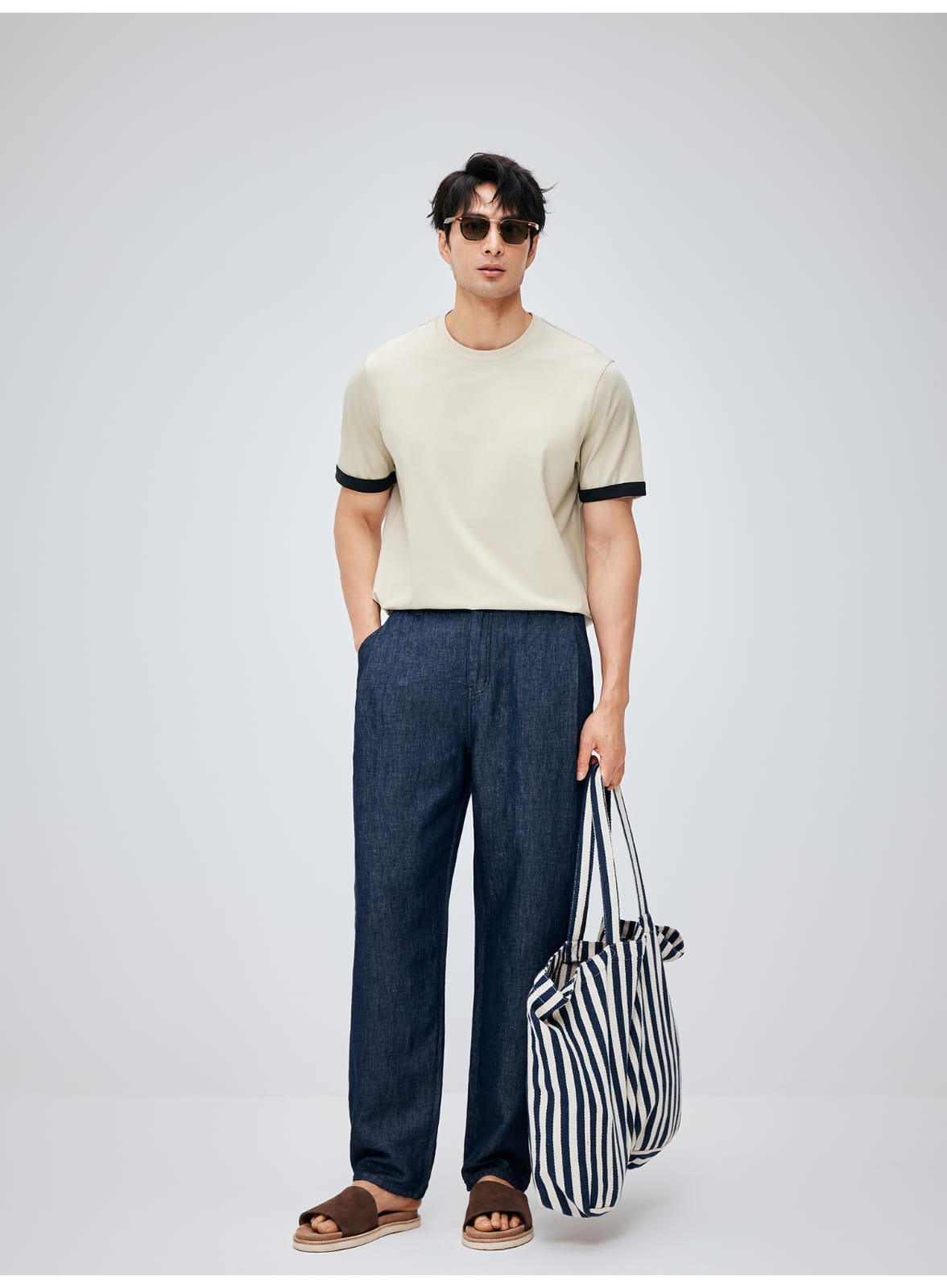 SOUTH FRANCE DENIM NIGHT COTTON BLEND PLEATED CALF NAVY BLUE PANTS