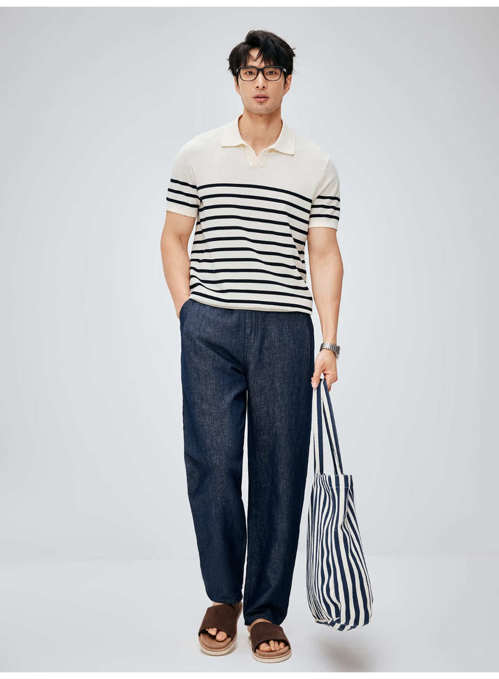 SOUTH FRANCE DENIM NIGHT COTTON BLEND PLEATED CALF NAVY BLUE PANTS