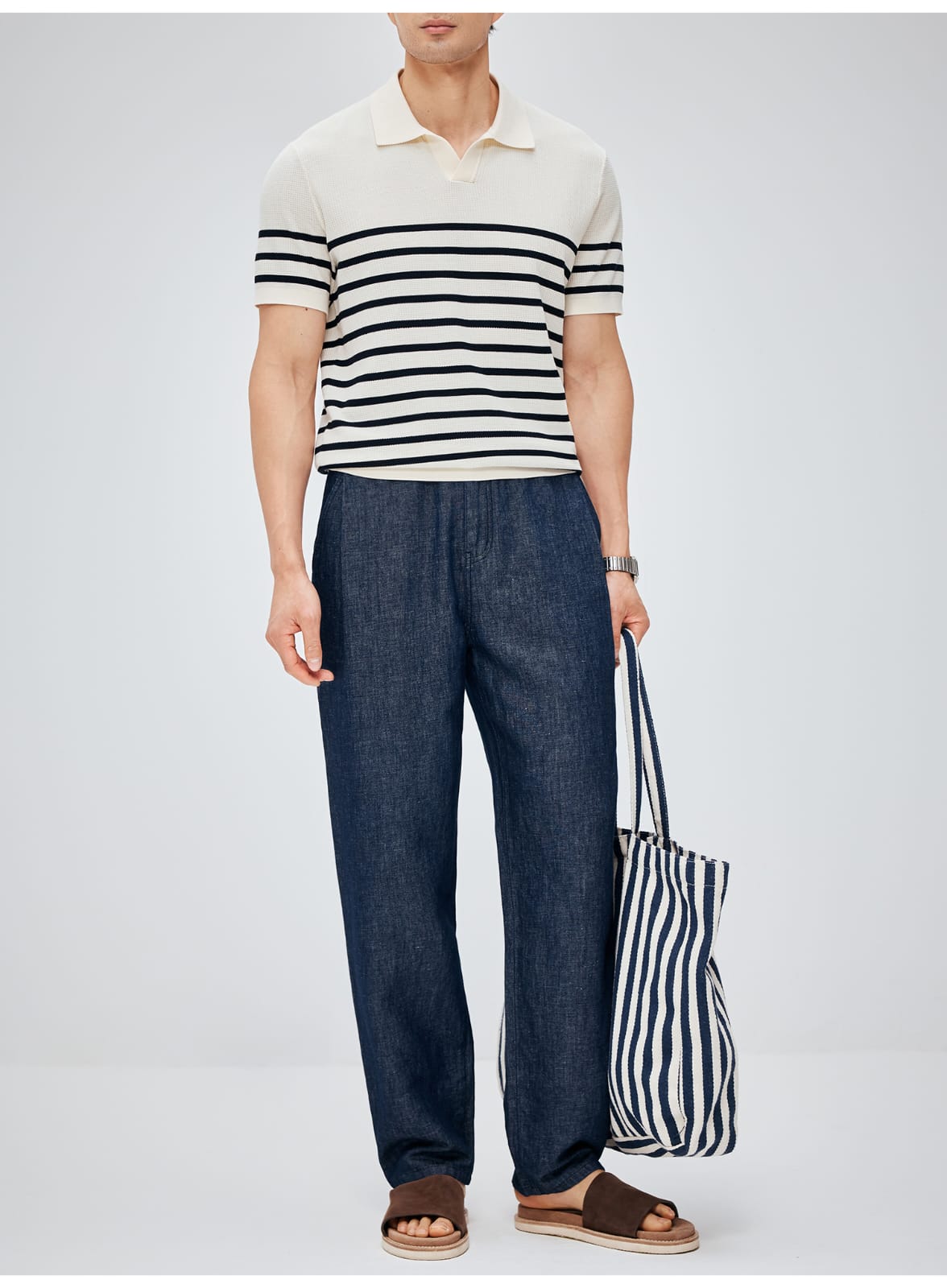 SOUTH FRANCE DENIM NIGHT COTTON BLEND PLEATED CALF NAVY BLUE PANTS