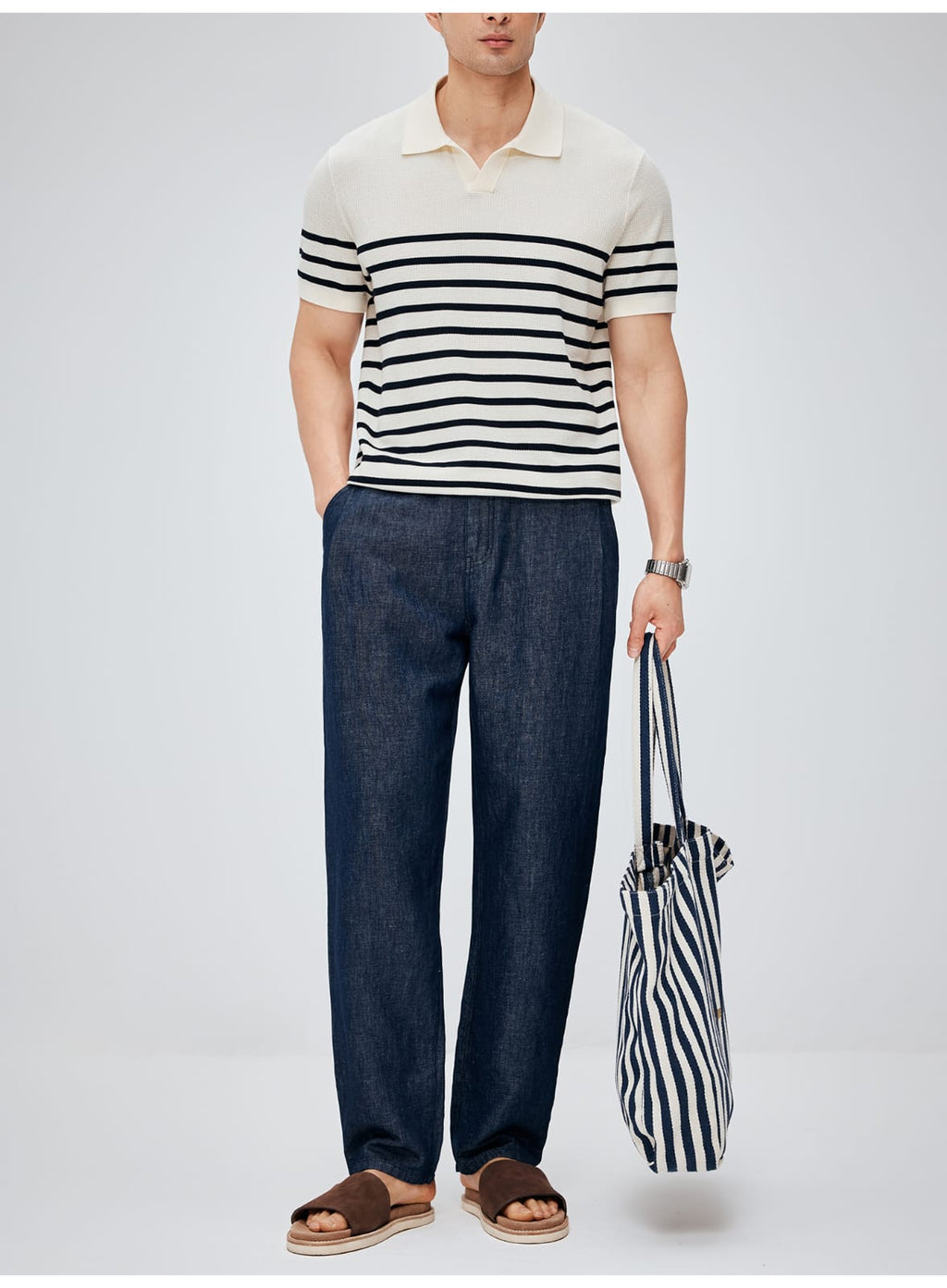 SOUTH FRANCE DENIM NIGHT COTTON BLEND PLEATED CALF NAVY BLUE PANTS