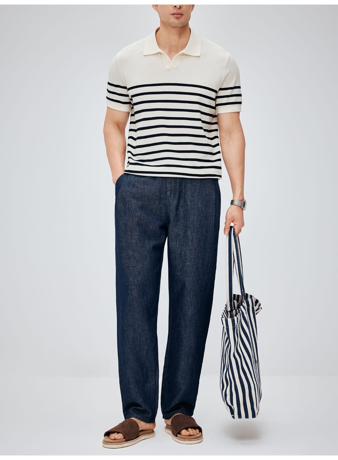 SOUTH FRANCE DENIM NIGHT COTTON BLEND PLEATED CALF NAVY BLUE PANTS