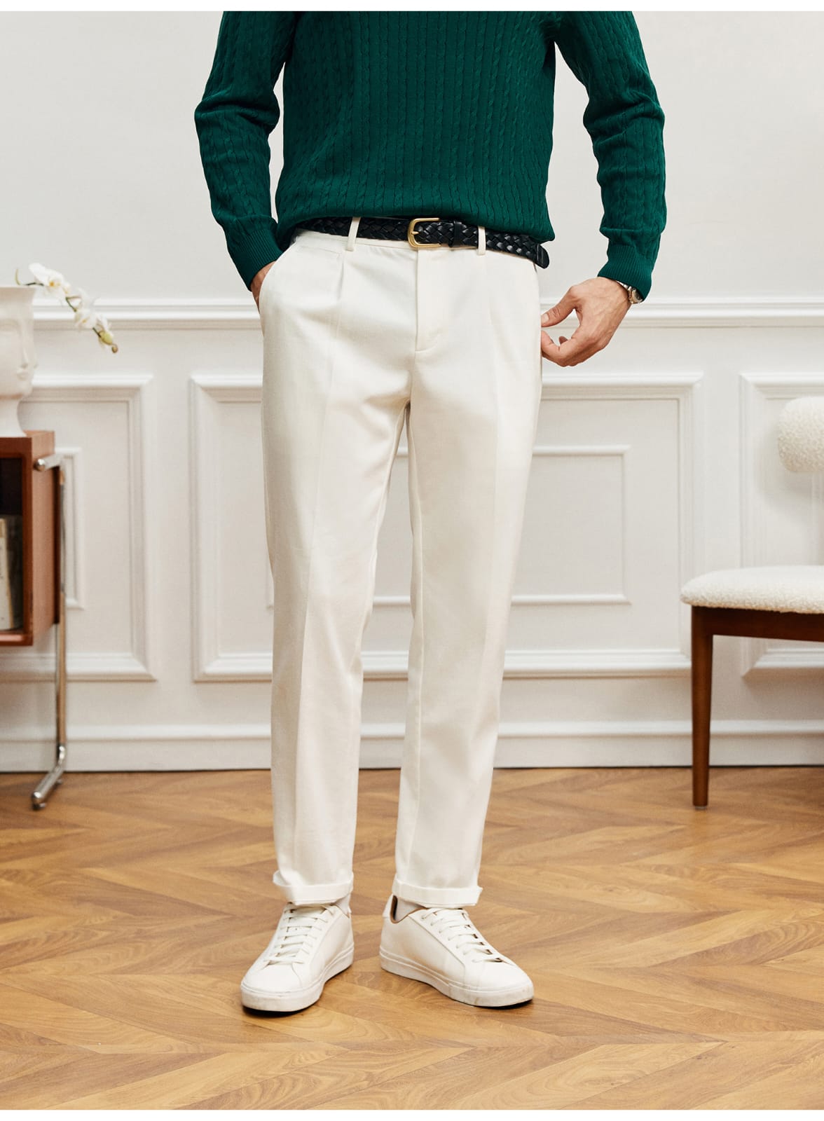 EASY CARE WHITE PLEATED STRAIGHT SPRING SUMMER ANTI-FOULING FABRIC PANTS