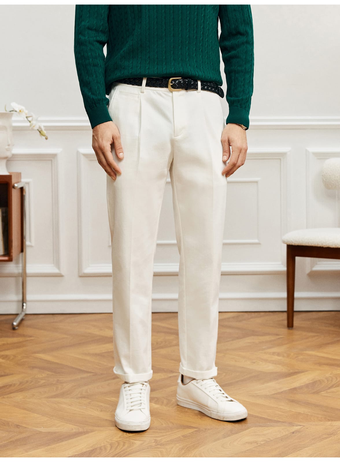 EASY CARE WHITE PLEATED STRAIGHT SPRING SUMMER ANTI-FOULING FABRIC PANTS
