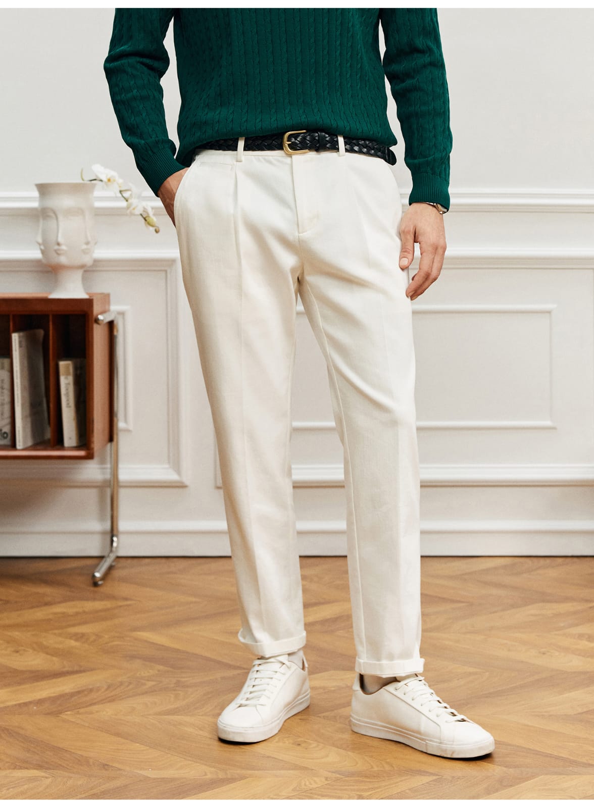 EASY CARE WHITE PLEATED STRAIGHT SPRING SUMMER ANTI-FOULING FABRIC PANTS