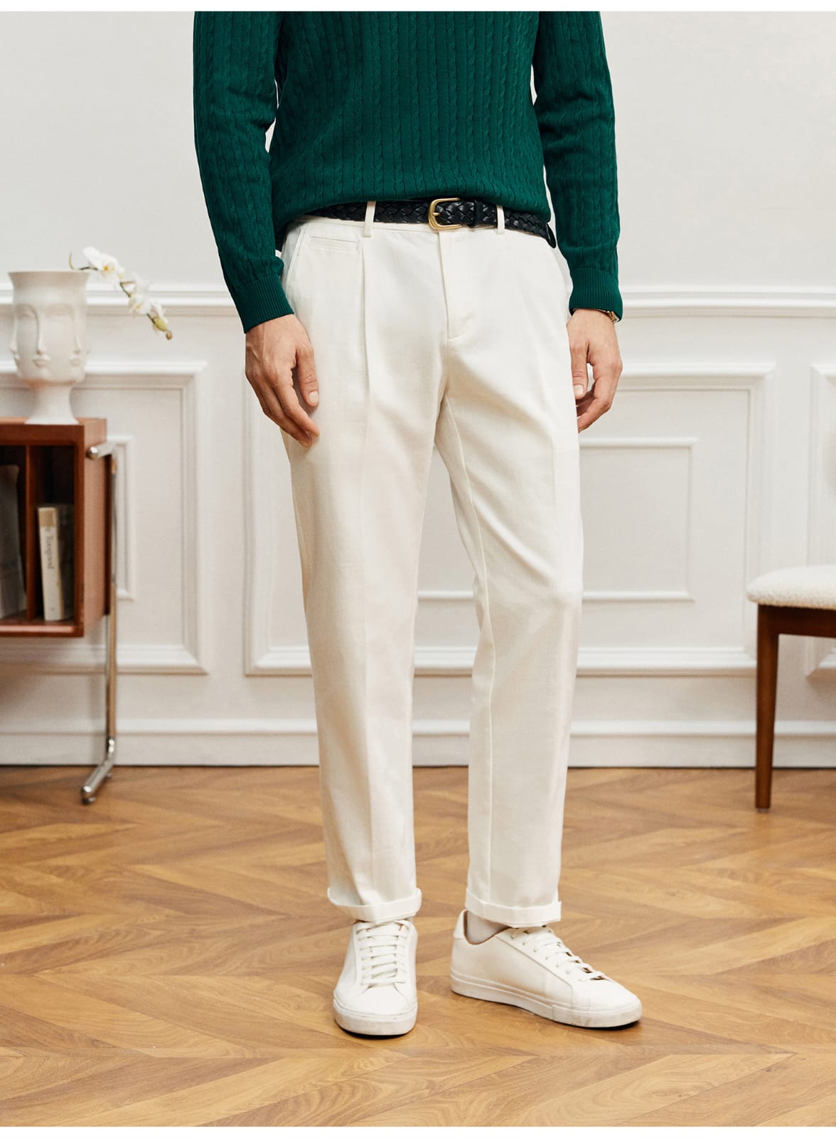 EASY CARE WHITE PLEATED STRAIGHT SPRING SUMMER ANTI-FOULING FABRIC PANTS