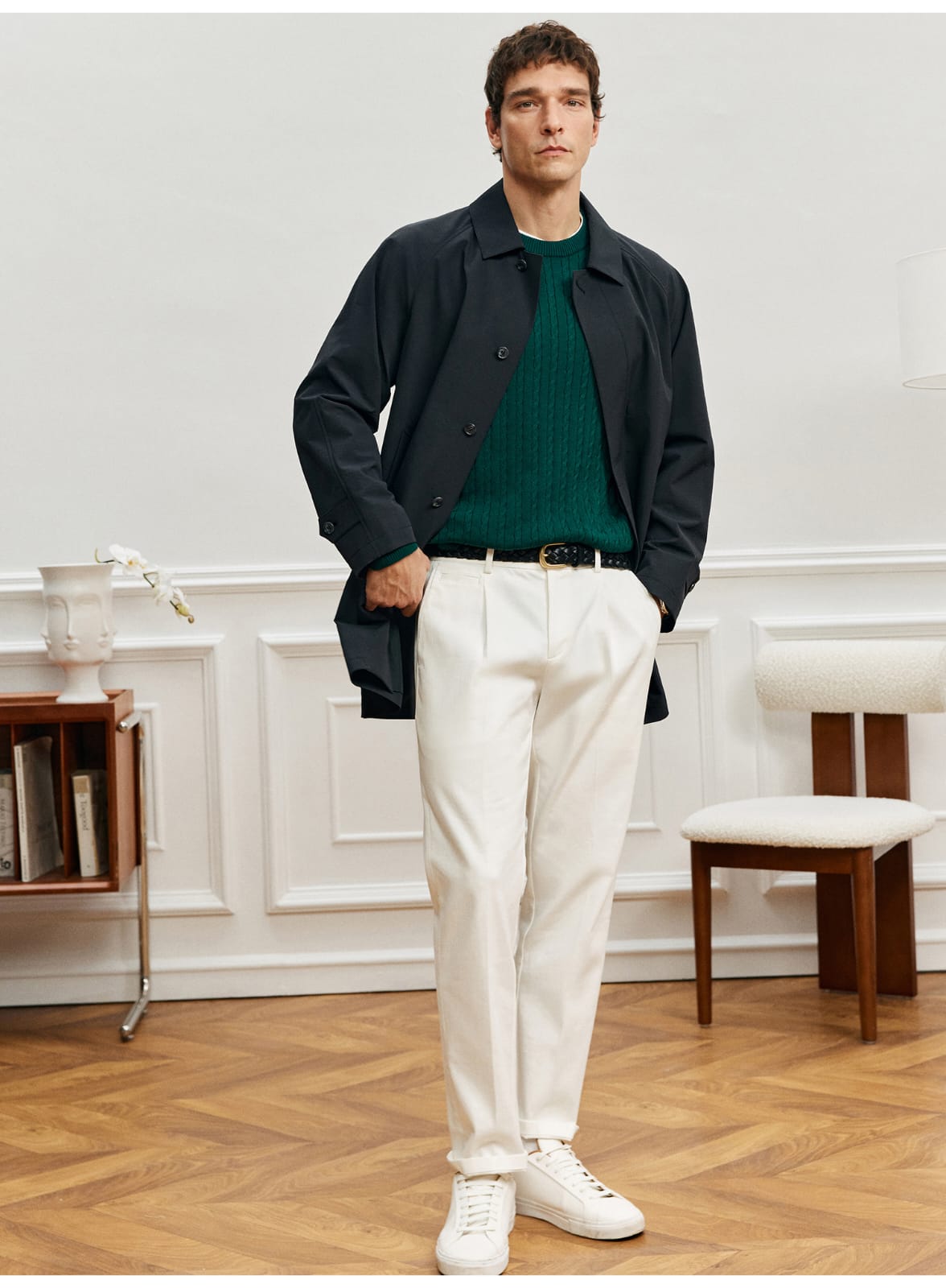 EASY CARE WHITE PLEATED STRAIGHT SPRING SUMMER ANTI-FOULING FABRIC PANTS