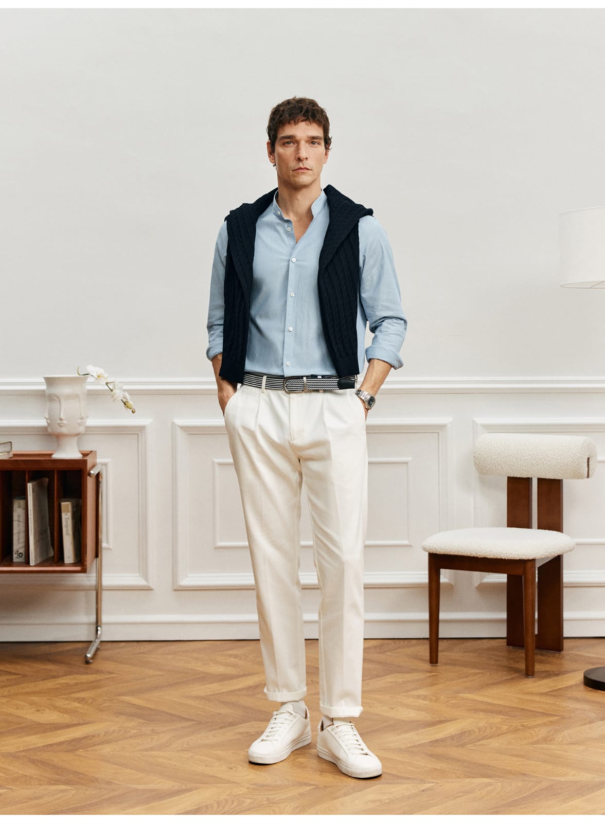 EASY CARE WHITE PLEATED STRAIGHT SPRING SUMMER ANTI-FOULING FABRIC PANTS