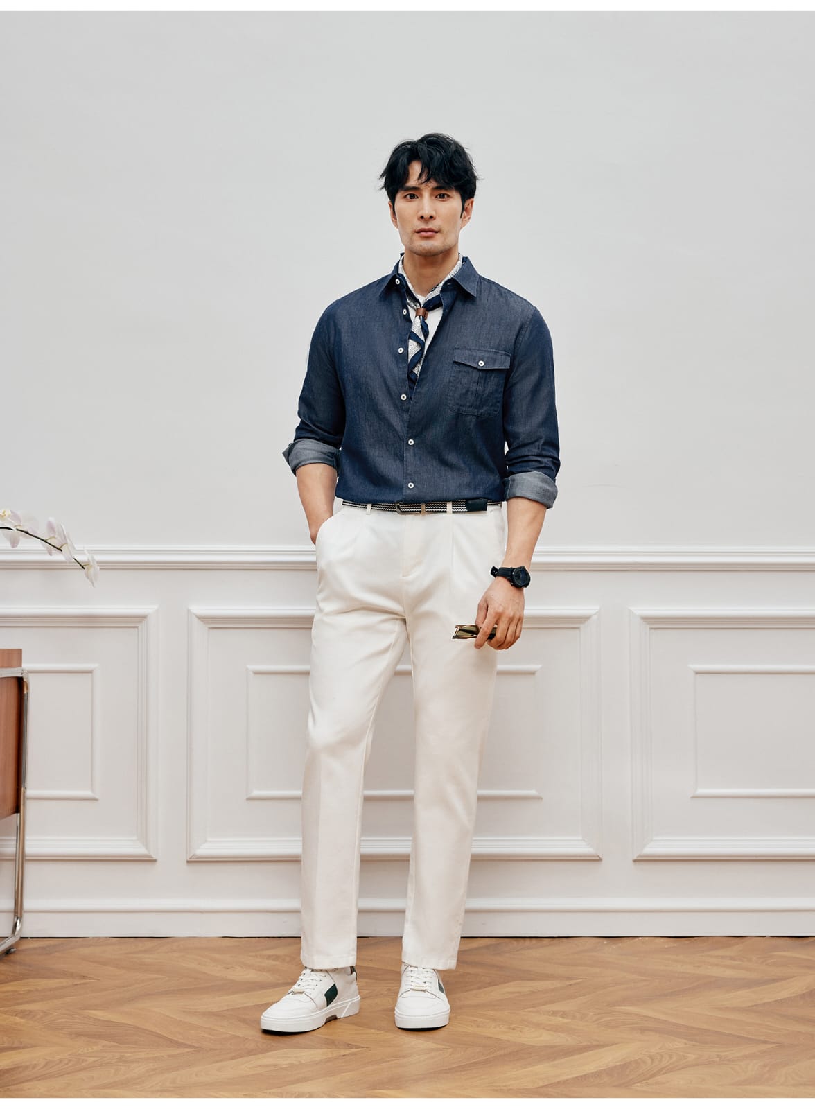EASY CARE WHITE PLEATED STRAIGHT SPRING SUMMER ANTI-FOULING FABRIC PANTS