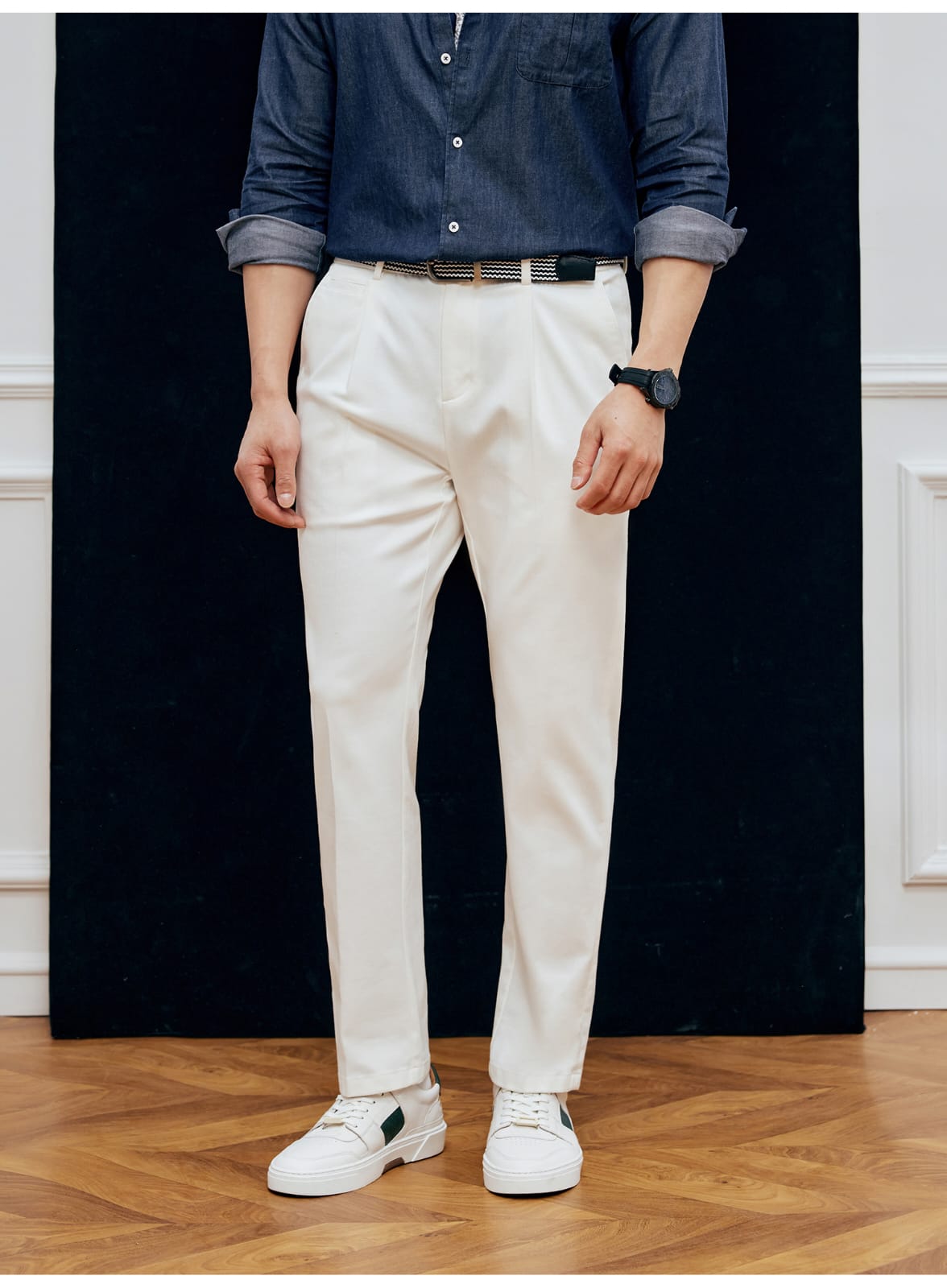 EASY CARE WHITE PLEATED STRAIGHT SPRING SUMMER ANTI-FOULING FABRIC PANTS