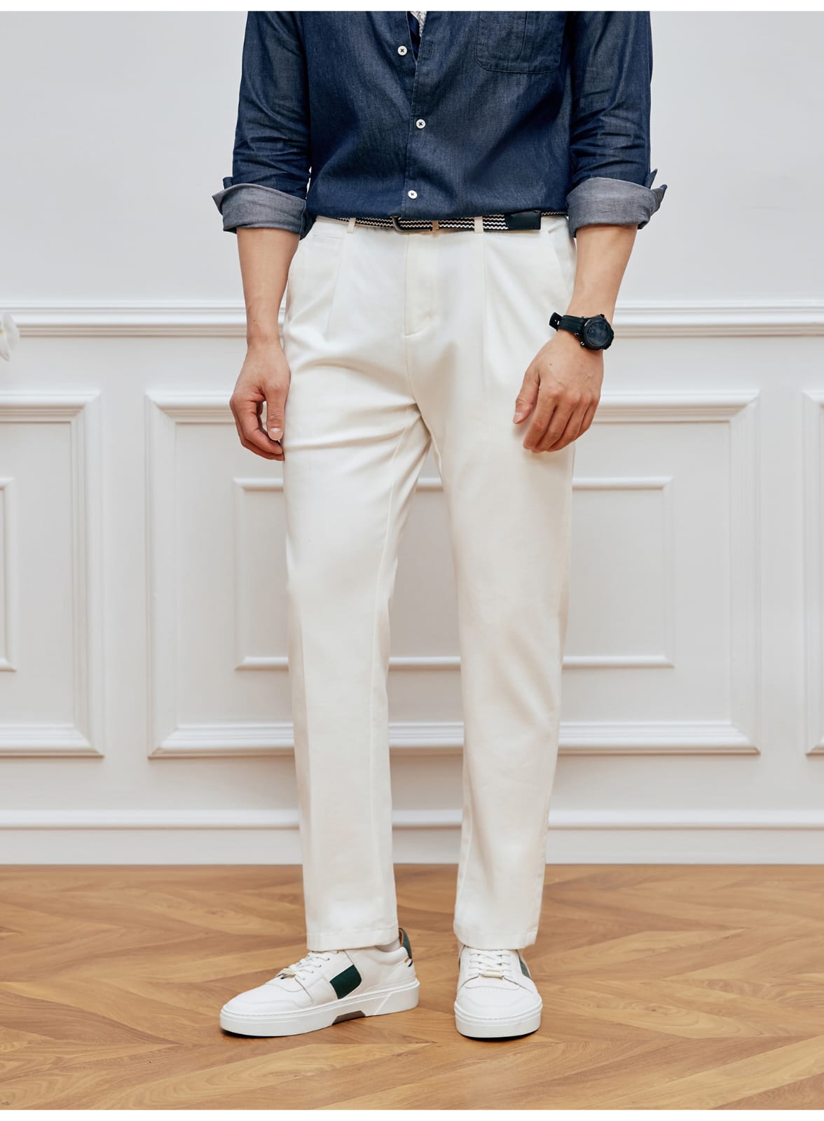 EASY CARE WHITE PLEATED STRAIGHT SPRING SUMMER ANTI-FOULING FABRIC PANTS
